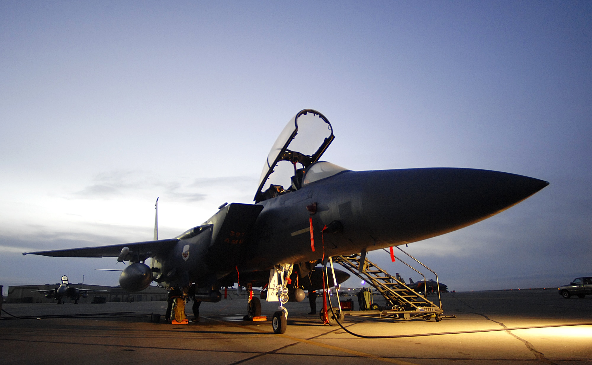 MOUNTAIN HOME AIR FORCE BASE, Idaho – A 391st Fighter Squadron F-15E Strike Eagle receives a pre-flight inspection before it’s scheduled to fly to the simulated deployed location during Exercise Coronet White 08-ACC-14 March 15. During the Phase I portion of the exercise, one of the main objectives is to generate a predetermined number of jets and successfully deploy them down range. The 366th Fighter Wing is participating in an Operational Readiness Inspection March 13-21 to test the wing’s ability to deploy and take its mission to war. (U.S. Air Force photo/ Airman 1st Class Ryan Crane)