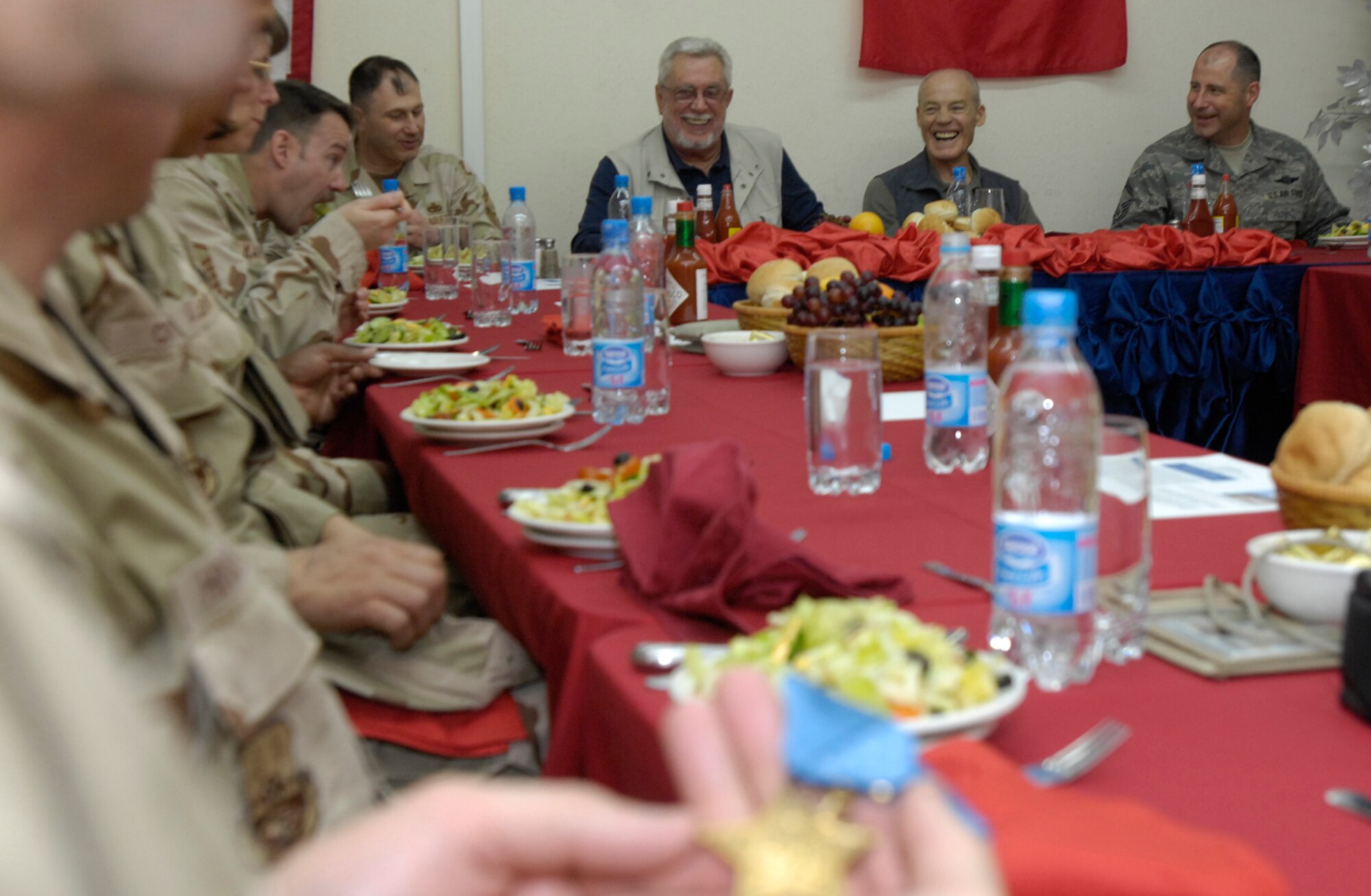 Medal of Honor Recipients, Colonel Robert L. Howard, United States Army (Retired) and Captain John J. McGinty, III, United States Marine Corps (Retired) share their experiences with the Top 3 Council, Manas AB, Kyrgyz Republic on March 15, 2008.  Both recipients received their medals from actions taken during the Vietnam War which serves as motivation to the men and women all over the Area of Responsibility. (U.S. Air Force/Senior Airman Tabitha Kuykendall)