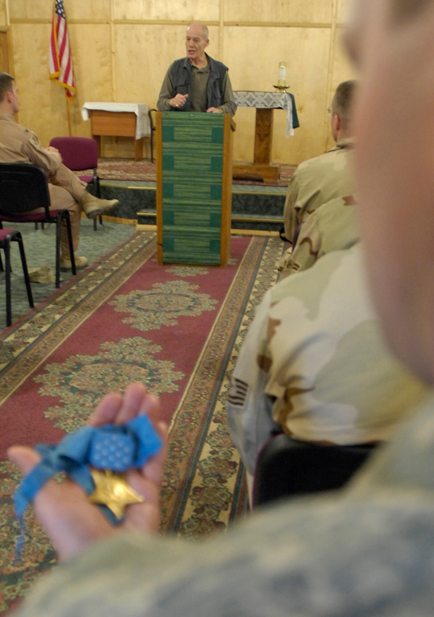 Medal of Honor Recipients, Colonel Robert L. Howard, United States Army (Retired) and Captain John J. McGinty, III, United States Marine Corps (Retired) share their experiences with the Top 3 Council, Manas AB, Kyrgyz Republic on March 15, 2008.  Both recipients received their medals from actions taken during the Vietnam War which serves as motivation to the men and women all over the Area of Responsibility. (U.S. Air Force/Senior Airman Tabitha Kuykendall)