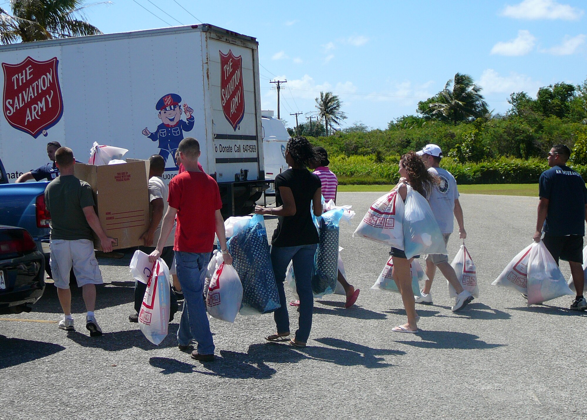 Twenty students from Andersen’s Airman Leadership School Class 08-C volunteered four hours working with The Salvation Army March 15, 2008.  More than 100 bags of clothes and food donated by the Andersen community were bagged and personally delivered to 25 homes consisting of 99 adults and 87 children in Dededo, Guam.  For information on how to donate items to the Guam community through The Salvation Army, call 647-1569.  