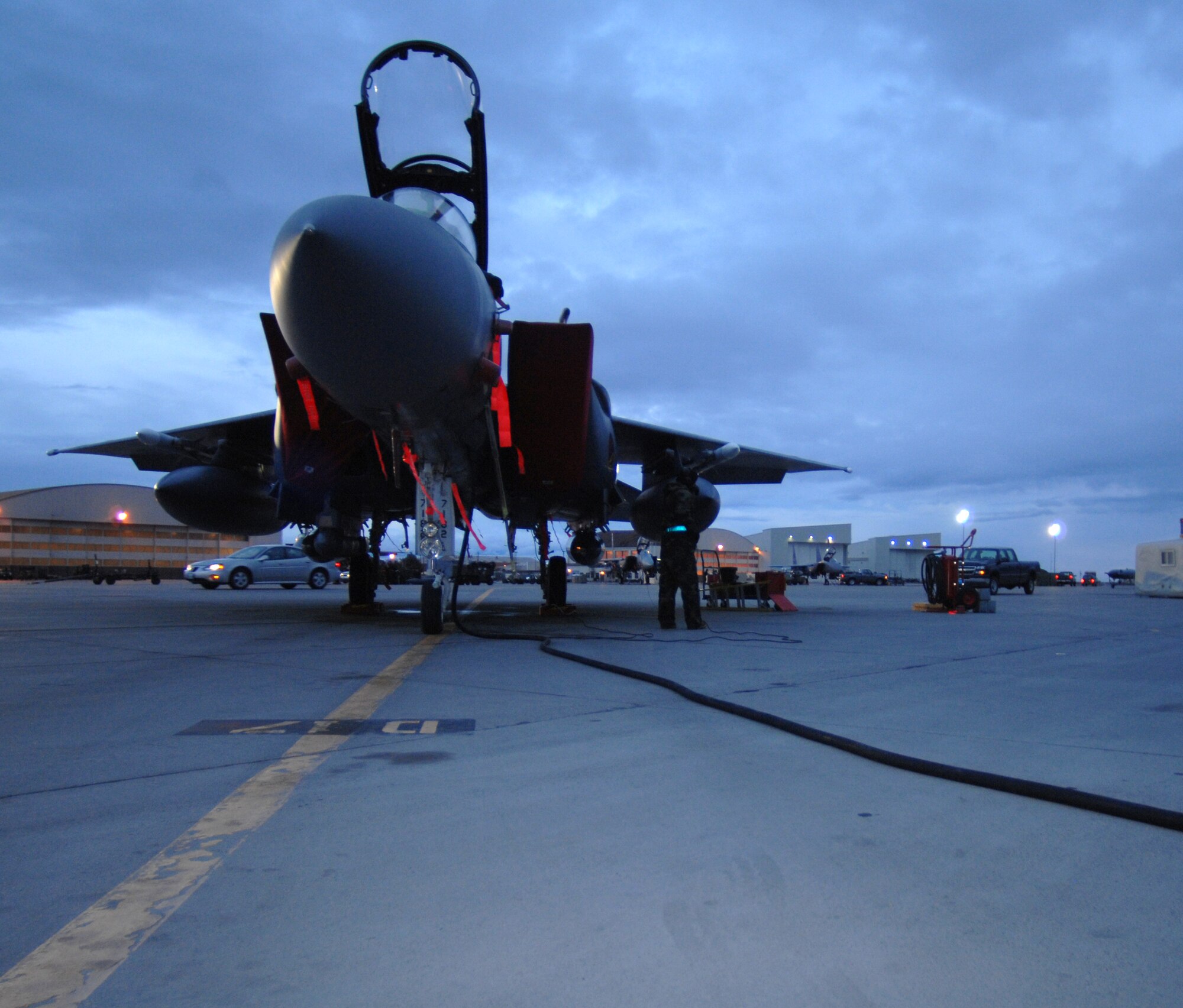 MOUNTAIN HOME AIR FORCE BASE, Idaho - A 389th Fighter Squadron F-15E Strike Eagle sits on the flightline during Exercise Coronet White 08-ACC-14 March 14. The 366th Fighter Wing is participating in an Operational Readiness Inspection March 13-21 to test the wing's ability to deploy and take its mission to war. (U.S. Air Force photo/ Airman 1st Class Stephany Miller) 