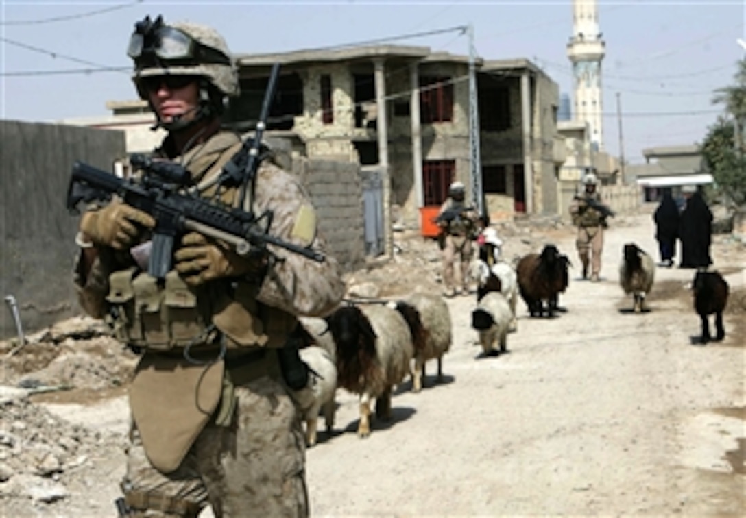 U.S. Marine Corps Lance Cpl. Rory Fitch walks a patrol in Fallujah, Iraq, March 14, 2008. Fitch is assigned to Police Transition Team 8, Regimental Combat Team 1, which trains Iraqi policemen and maintains local security.