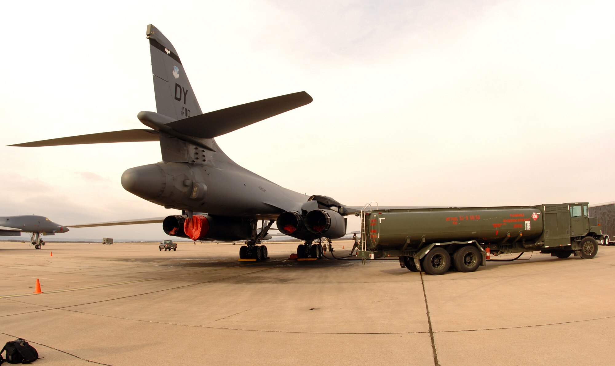 DYESS AIR FORCE BASE, Texas -- A Dyess B-1 Bomber fuels up before a historical flight, March 17. This B-1 Bomber will be the first aircraft to fly at supersonic speed with a 50/50 blend of synthetic and petroleum fuel. (U.S. Air Force photo by Senior Airman Courtney Richardson)