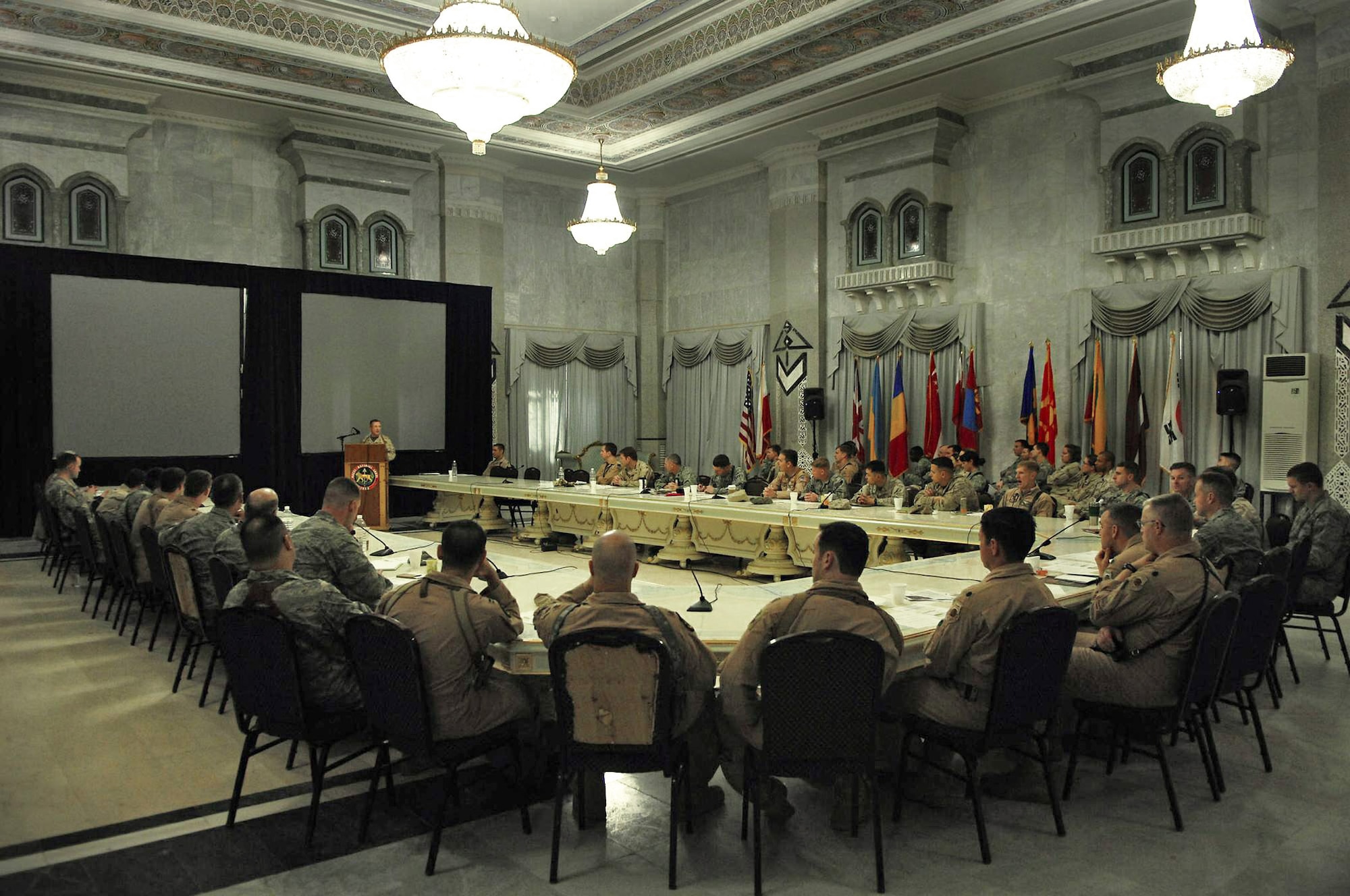 More than 100 coalition members met March 3 to 5 at Al-Faw Palace in Baghdad to discuss ways to better synchronize airpower with future ground operations across Iraq. (U.S. Air Force photo)

