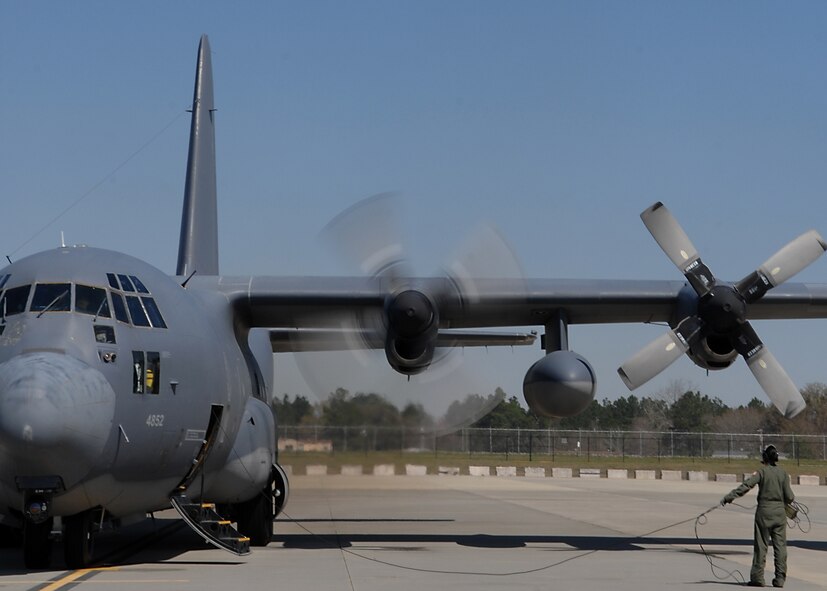 MOODY AIR FORCE BASE, Ga. --  An HC-130P Hercules starts its engines in preparation to taxi here March 12. The 71st Rescue Squadron was tasked to simulate a deployment during exercise Flying Tiger 08-03. (U.S. Air Force photo by Airman 1st Class Brittany Barker)