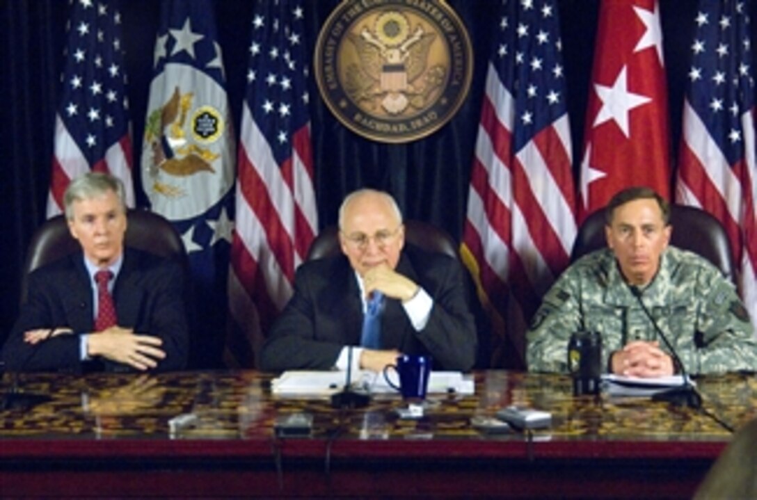 U.S. Ambassador to Iraq Ryan C. Crocker, U.S. Vice President Dick Cheney and Commander Multinational Forces Iraq U.S. Army Gen. David H. Petraeus answer questions from the press in Baghdad, March 17, 2008.