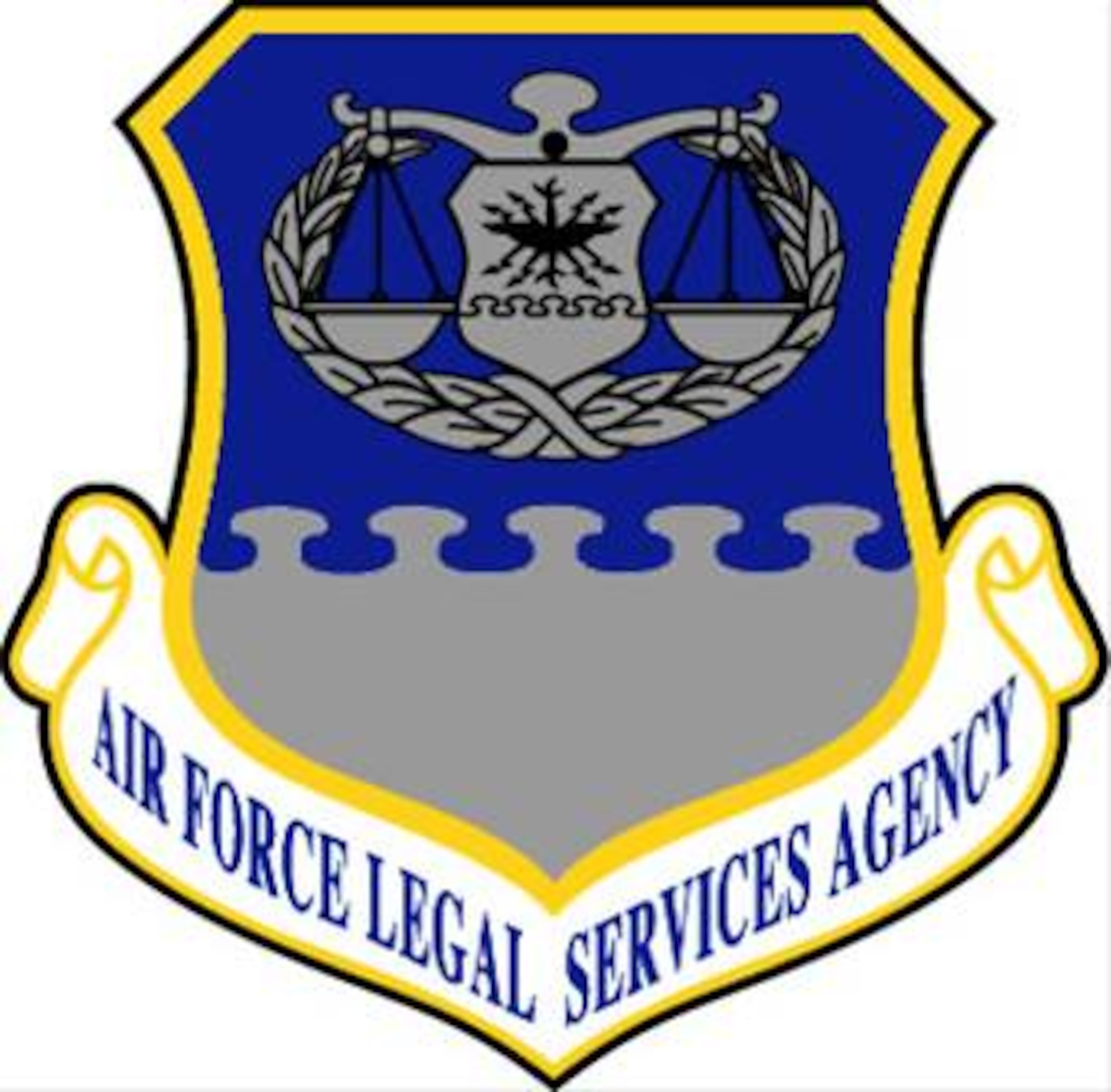 Air Force Legal Services Agency shield -- The Air Force Legal Services Center was renamed the Air Force Legal Services Agency on 1 May 1991 as a result of a reorganization of the The Judge Advocate General's Department (which itself was renamed The Judge Advocate General's Corps in 2003).  U.S. Air Force graphic.  In accordance with Chapter 3 of AFI 84-105, commercial reproduction of this emblem is NOT permitted without the permission of the proponent organizational/unit commander. 