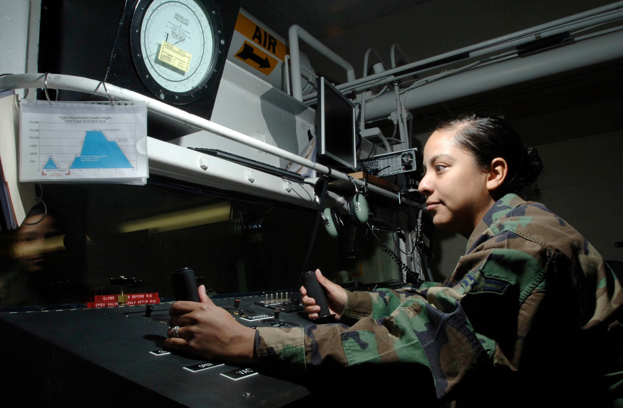 FAIRCHILD AIR FORCE BASE, Wash. – Airman 1st Class Miriam Hernandez, 92nd Aerospace Medicine Squadron aerospace physiology technician, perfects ascent and descent rates. This procedure prevents physiological mishaps that can occur if the rate was incorrect in the altitude chamber (U.S. Air Force photo/Staff Sgt. JT May III)