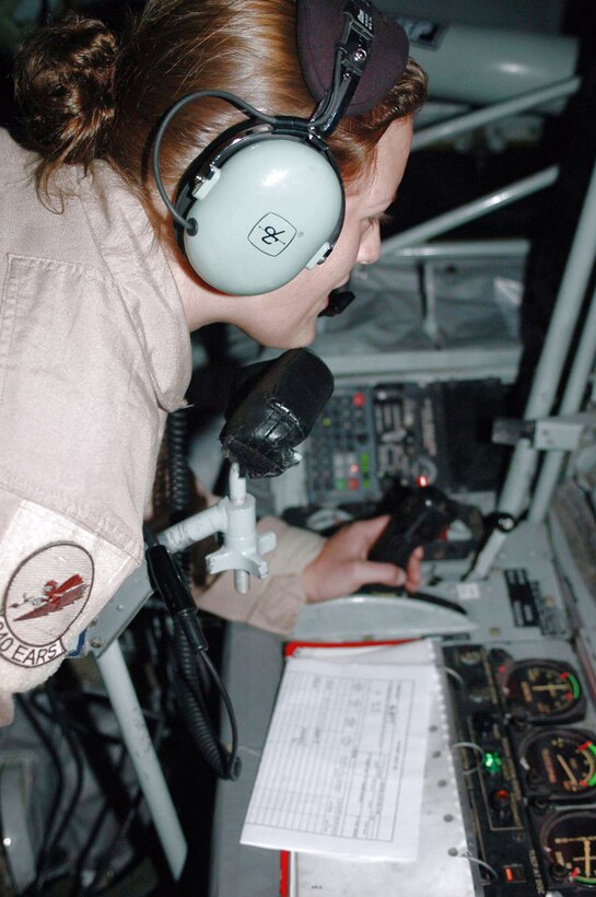 Senior Airman Killian Lange prepares to refuel an A-6 and two Navy F-18 Hornets March 18 over Iraq. Airman Killian was part of an all-female aircrew during the flight, which commemorated the role of women in the Air Force as part of National Women's History Month. She is a 340th Expeditionary Air Refueling Squadron boom operator and deployed from Royal Air Force Mildenhall, England. (U.S. Air Force photo/Senior Airman Carolyn Viss) 