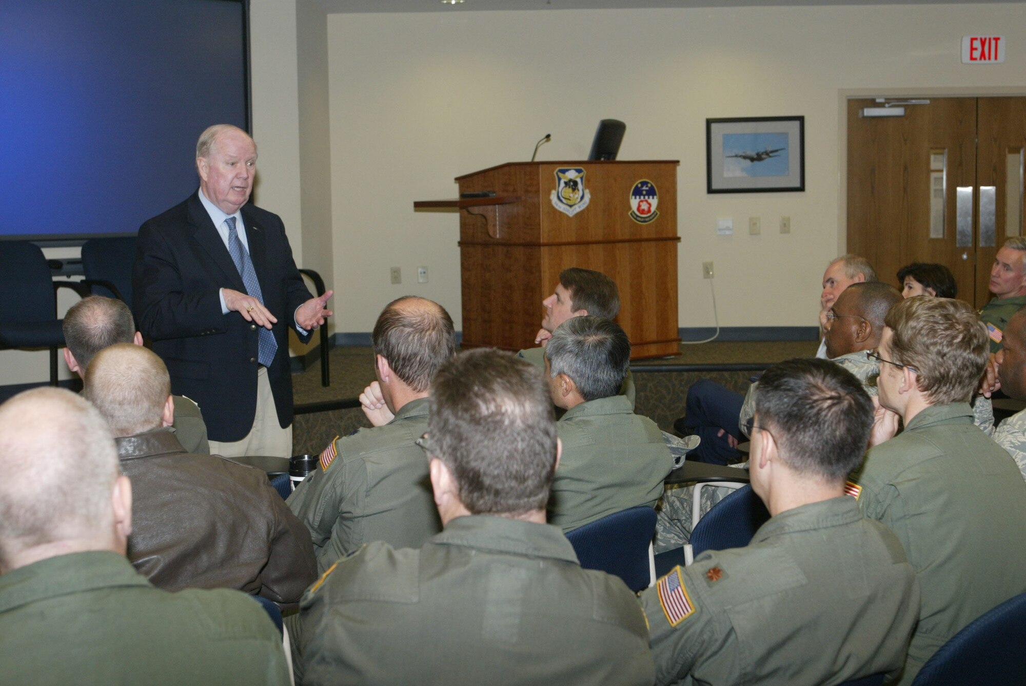 John C. Truesdell, Deputy Assistant Secretary of the Air Force for Reserve Affairs, spoke to members of the 94th Airlift Wing here during a recent visit to Dobbins. Mr. Truesdell gave a global snapshot from a career military man's perspective and spoke on the Global War on Terror and how the total force was responding to increased operations tempo. He also spoke about the ways the military has transformed in the 20th and 21st century and how the Air Force Guard and Reserve not only fits into that. 

"There are a lot of laws and policies and practices that are barriers to transformation, to changing the way we do things. We are knocking some of those down," Mr. Truesdell said.(U.S. Air Force photo/Don Peek.)
