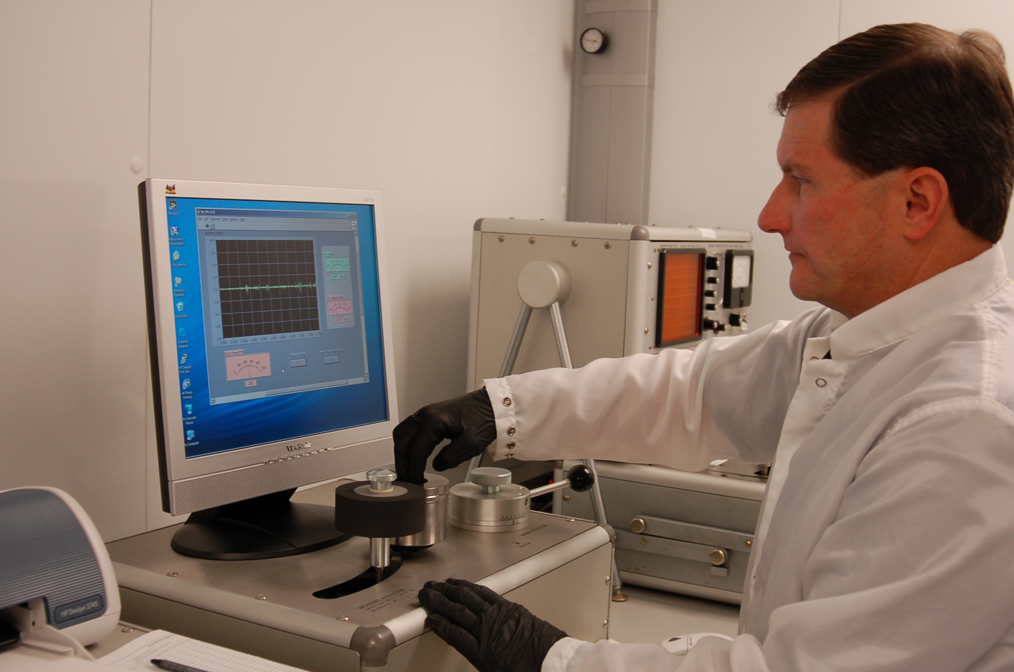 A noise evaluation test is performed by Tim Langen in the 530th Commodities Maintenance Squadron Bearing Shop. 

Photo by Bill Orndorff
