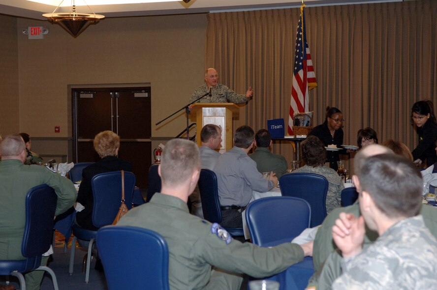 Chaplain, Maj. Gen. Charles C. Baldwin, Air Force Chief of Chaplains, speaks to members of the base during the National Prayer Luncheon March 13. The luncheon featured a keynote address on ?iPrayer? designed to communicate religious messages through contemporary metaphors. (U.S. Air Force photo by Senior Airman Tiffany Colburn).  