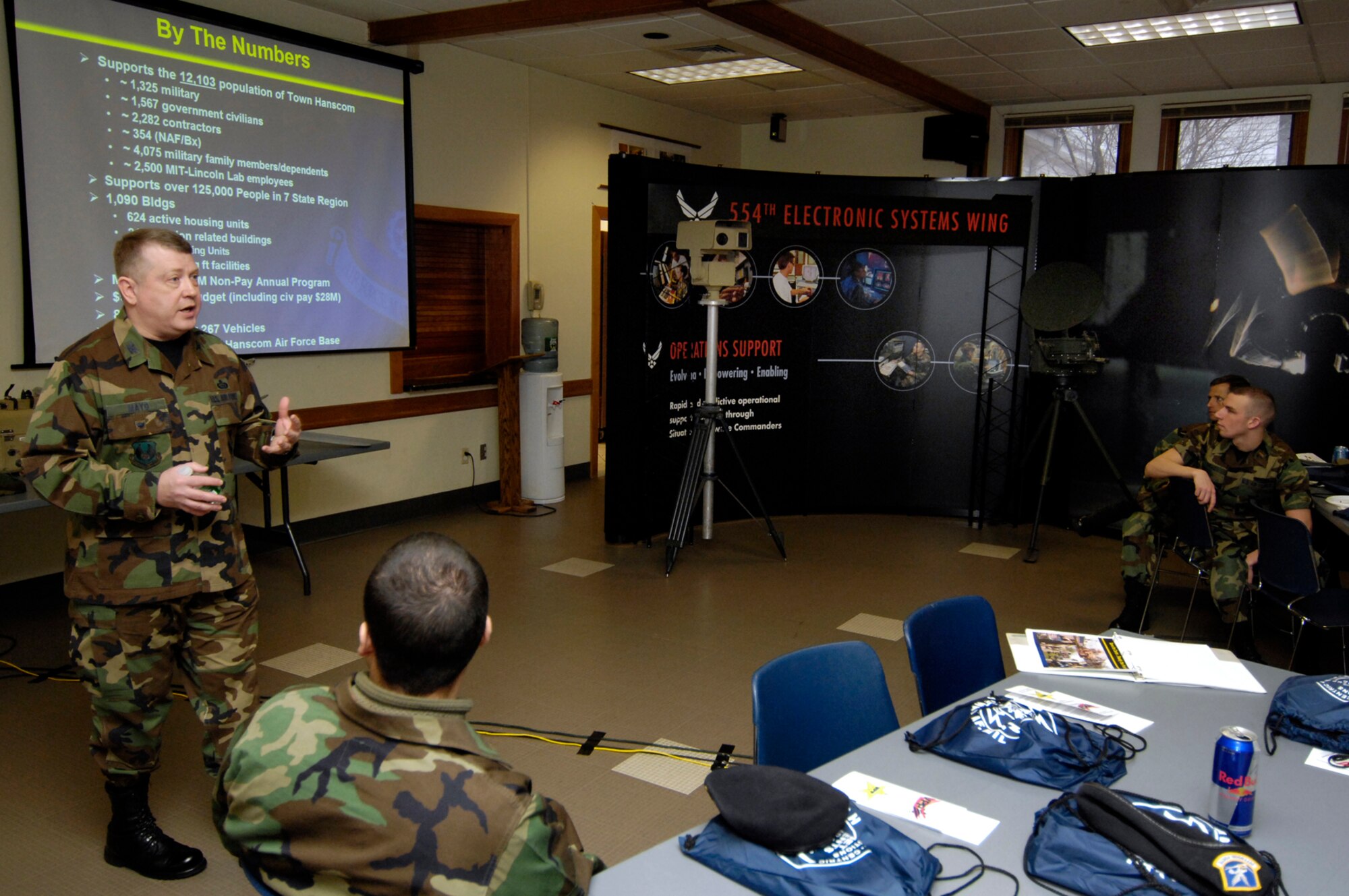 HANSCOM AFB, Mass. – Col. Jeff Mayo, 66th Air Base Wing vice commander, gives Hanscom’s mission brief to a group of base newcomers during the ESC Commander’s Welcome March 14. The event was hosted by the 554th Electronic Systems Wing and provided newcomers with a brief introduction to ESC’s five wings and their primary missions. The event also included a bus tour of the base showcasing Hanscom’s numerous facilities. More than 60 newcomers signed up for the event. (U.S. Air Force photo by Mark Wyatt.)