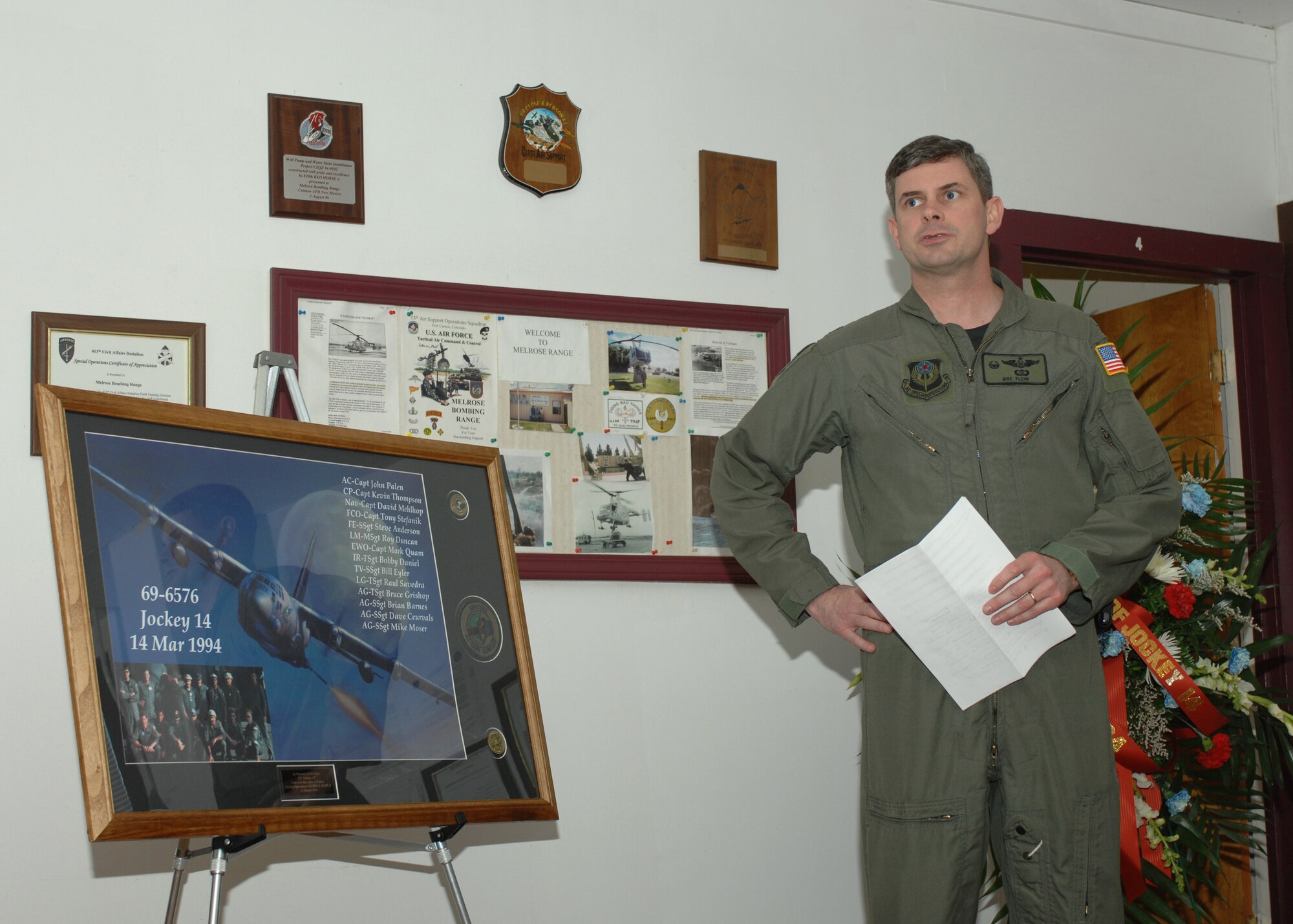 CANNON AIR FORCE BASE N.M. - Col. Micheal T. Plehn, 27th Special Operations Group commander, established the Jockey 14 live-impact area at the Melrose Bombing Range March 14.  Jockey 14 is named in remembrance of an AC-130H gunship which had an in-flight explosion March 4, 1994 over the coast of Kenya while in Somalia 14 years ago. Eight crewmembers were killed, while six survived. Jockey 14 was a 16th Special Operations Squadron, Hurlburt Field, Fla., asset. (U.S. Air Force photo by Airman 1st Class James R. Bell) 