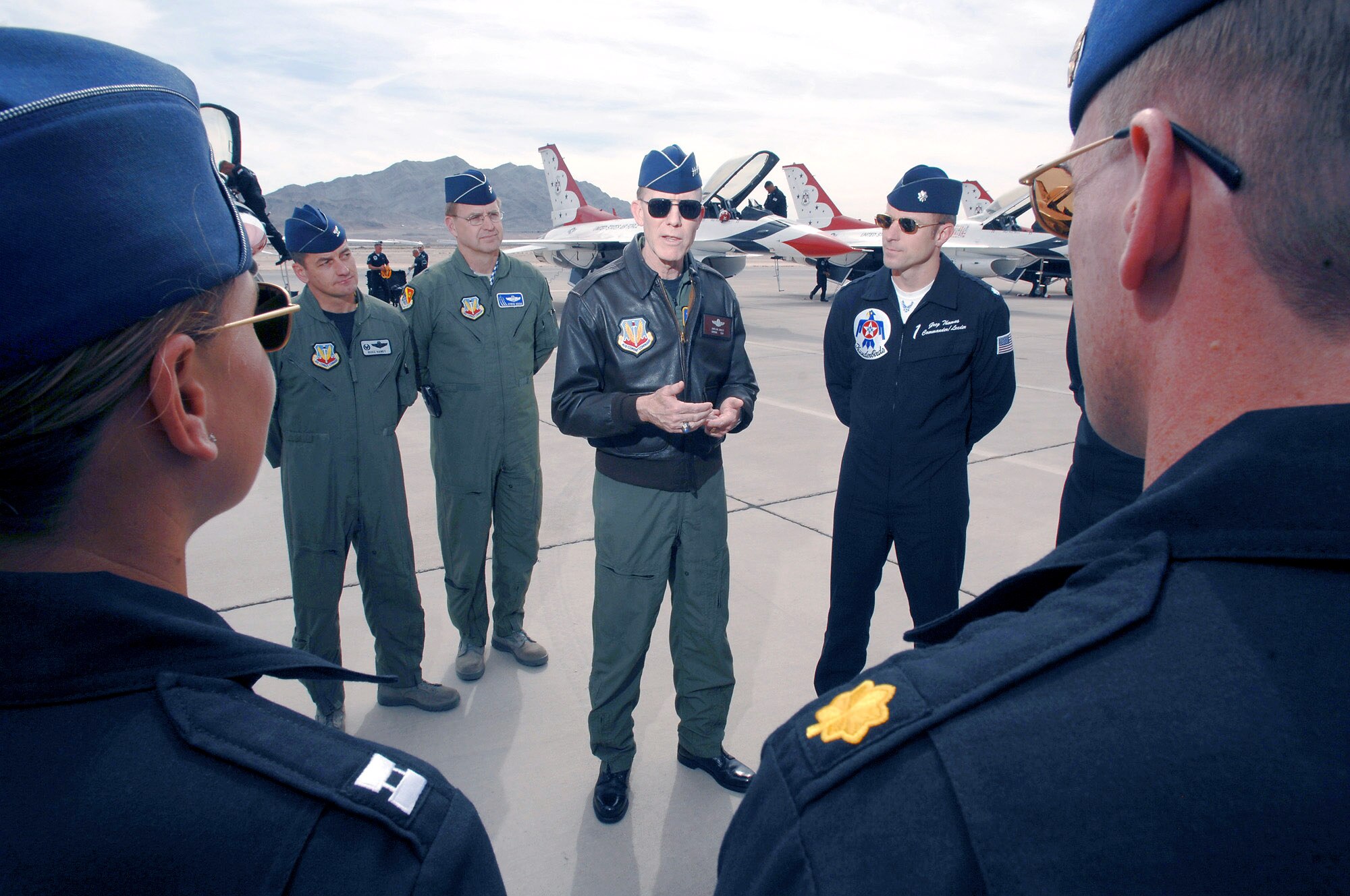 Gen. John D.W. Corley speaks with the Air Force Thunderbirds officers at the March 11 acceptance show at Nellis Air Force Base, Nev. The acceptance show marks the beginning of the 2008 show season, which includes 37 showsites in the United States and Canada. General Corley is the commander of Air Combat Command. (U.S. Air Force photo/Tech. Sgt. Justin D. Pyle) 
