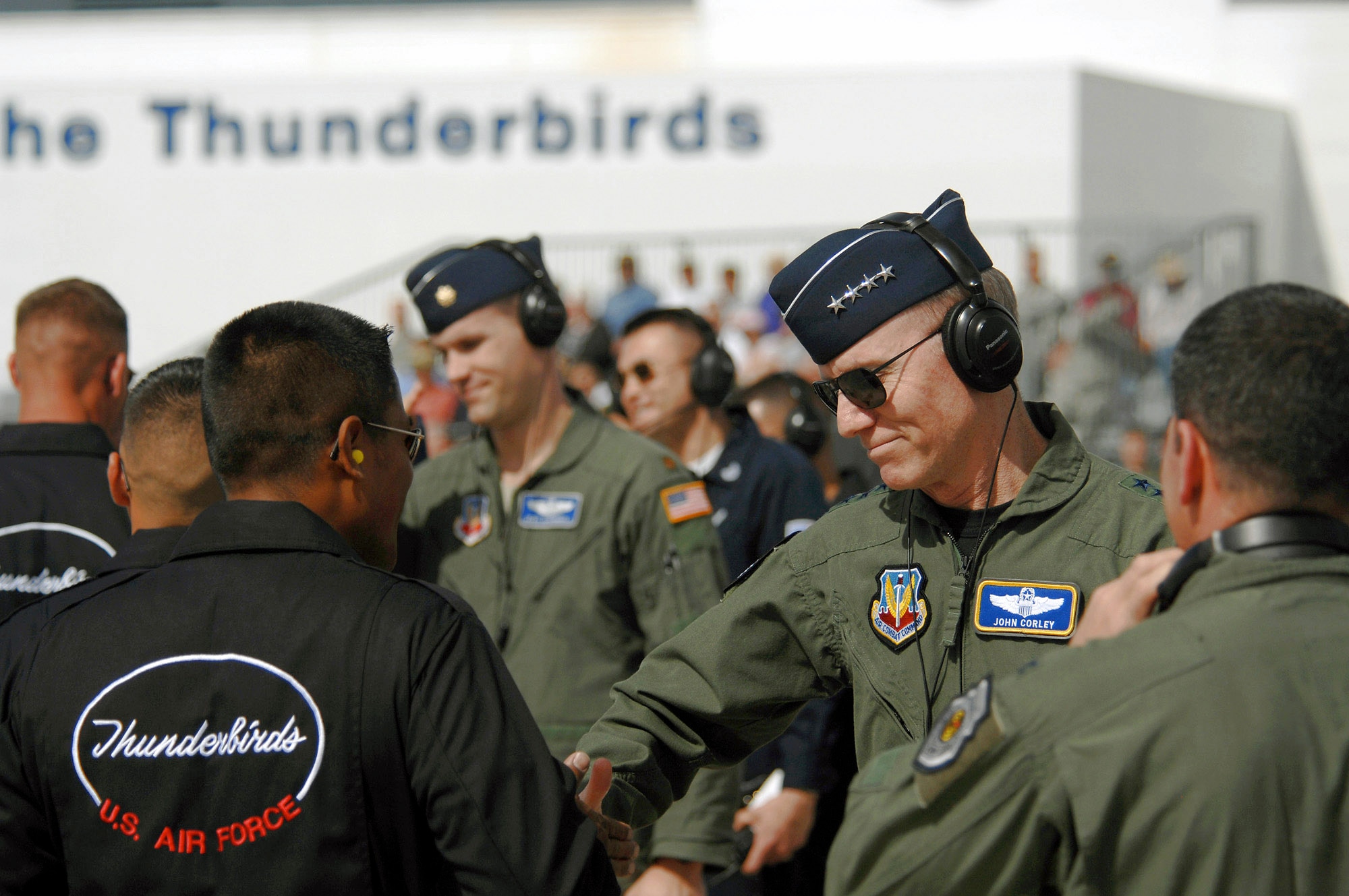 Gen. John D.W. Corley shakes hands with members of the Air Force Thunderbirds prior to the March 11 acceptance show at Nellis Air Force Base, Nev. The acceptance show marks the beginning of the 2008 show season, which includes 37 showsites in the United States and Canada. General Corley is the commander of Air Combat Command. (U.S. Air Force photo/Tech. Sgt. Justin D. Pyle) 
