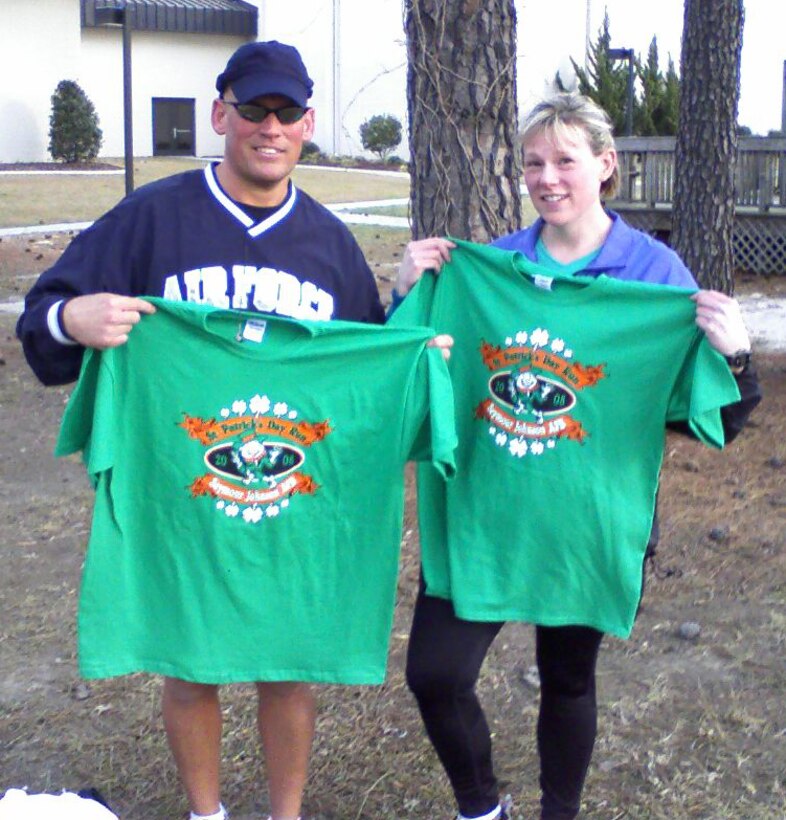 SEYMOUR JOHNSON AIR FORCE BASE, N.C. -- First Sergeant Bob Ewest (left) and Maj. Ann Brown, acting commander of the 916th Logistics Squadron, proudly show off their Irish green after participating in the base's 5K St. Patrick's Day run on March 14.