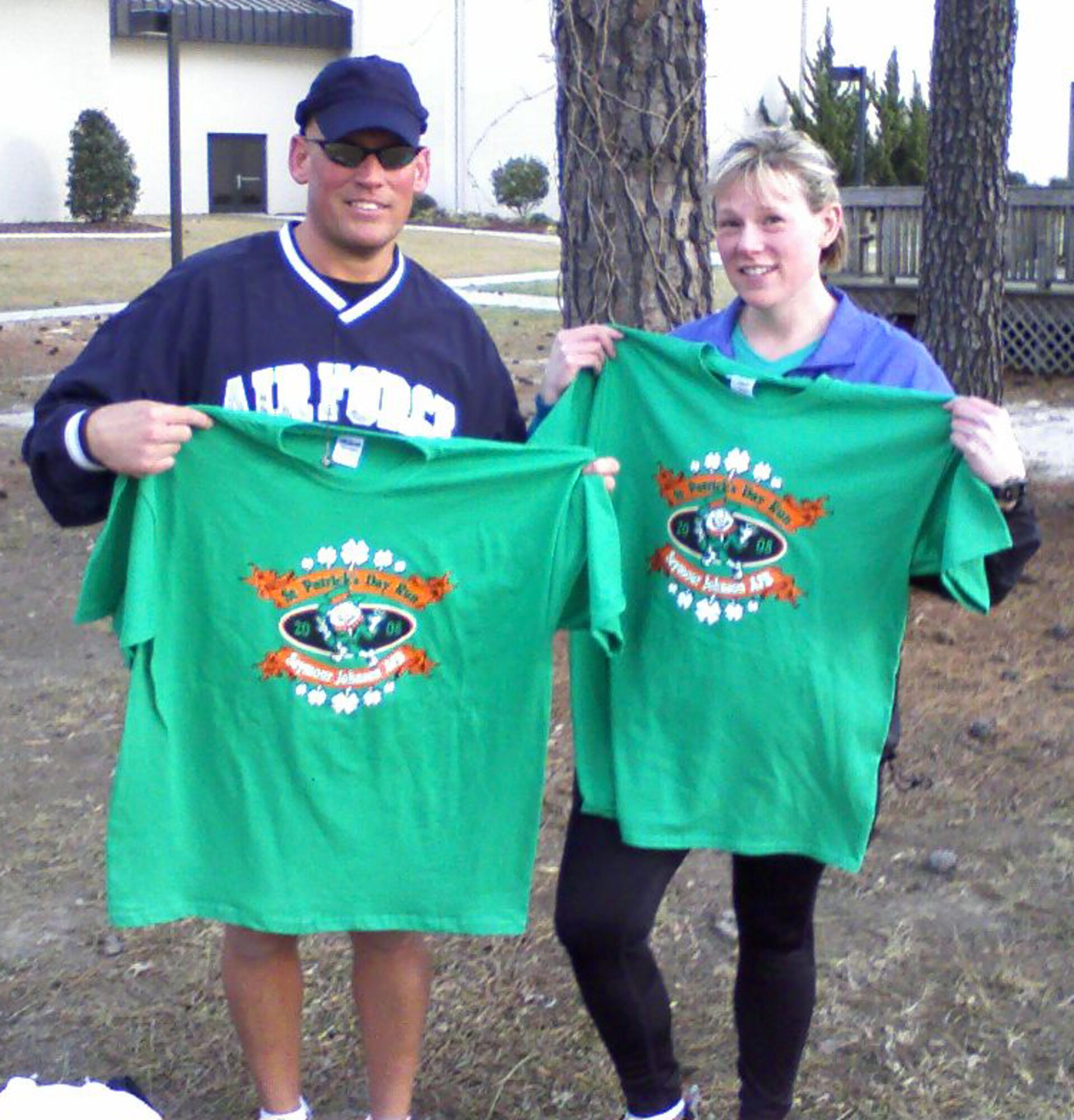 SEYMOUR JOHNSON AIR FORCE BASE, N.C. -- First Sergeant Bob Ewest (left) and Maj. Ann Brown, acting commander of the 916th Logistics Squadron, proudly show off their Irish green after participating in the base's 5K St. Patrick's Day run on March 14.
