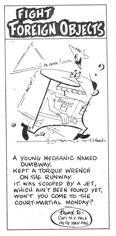 To raise the awareness of FOD and its consequences Andersen’s base newspaper Tropic Topics ran a series of anti-FOD limerick-based comic strips such as this one which was originally published on Nov. 30, 1956. (Courtesy of the 36th Wing History Office)