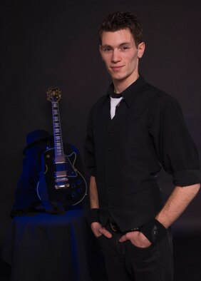 Senior Airman David Leatherwood, a special cargo handler with the 727th Air Mobility Squadron, RAF Mildenhall, has been accepted into Tops in Blue as the only guitarist. Airman Leatherwood is now training with the other Tops in Blue entertainers at Lackland Air Base, San Antonio, Texas, in preparation for the 2008 worldwide tour. (U.S. Air Force photo by Karen Abeyasekere)