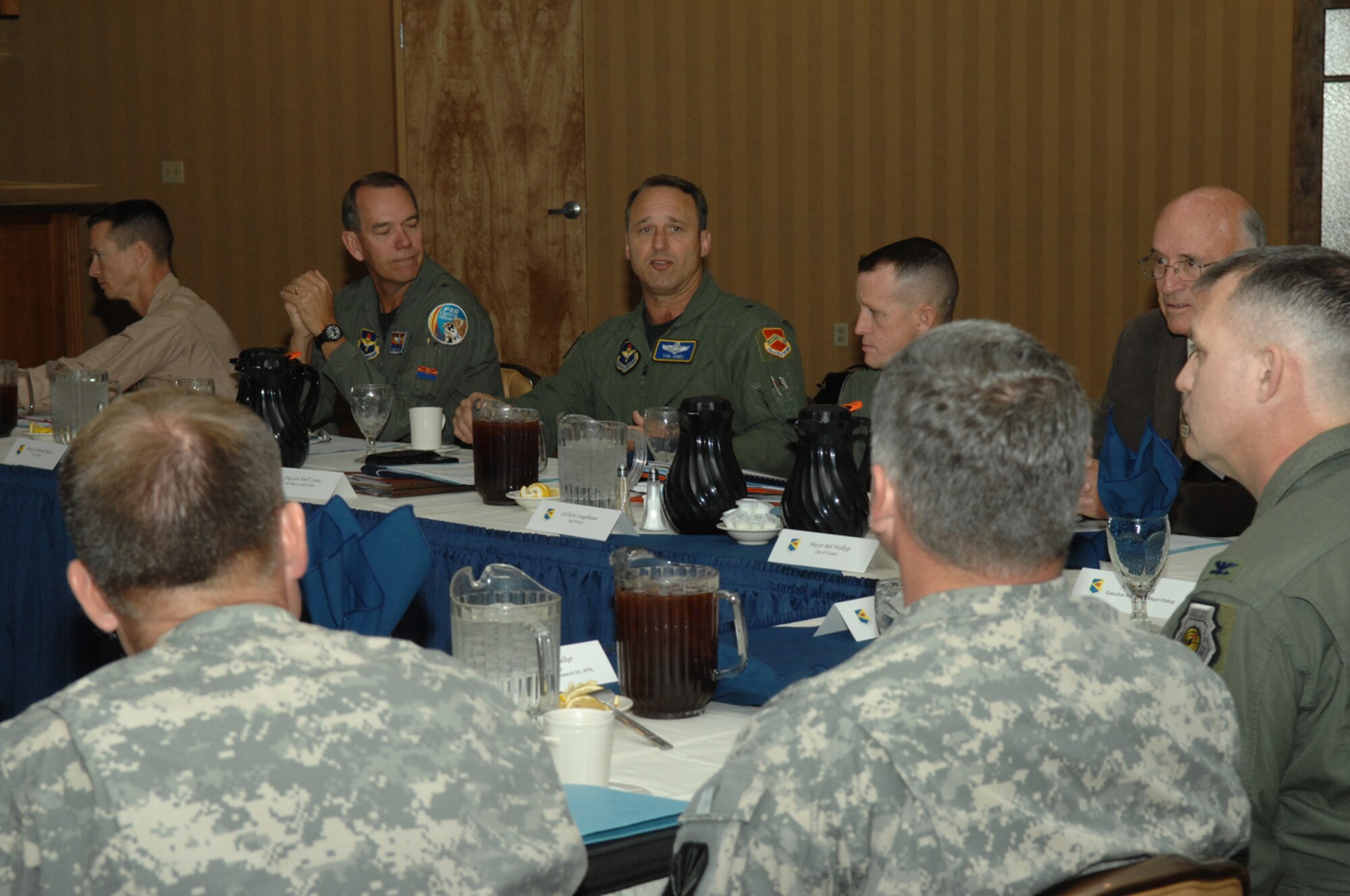 Brig. Gen. Tom Jones, center, 56th Fighter Wing commander, speaks as the chairman at the Arizona Commander's Summit at the Mirage Officer's Club here on March 19. (U.S. Air Force photo by Airman 1st Class Noah R. Johnson)