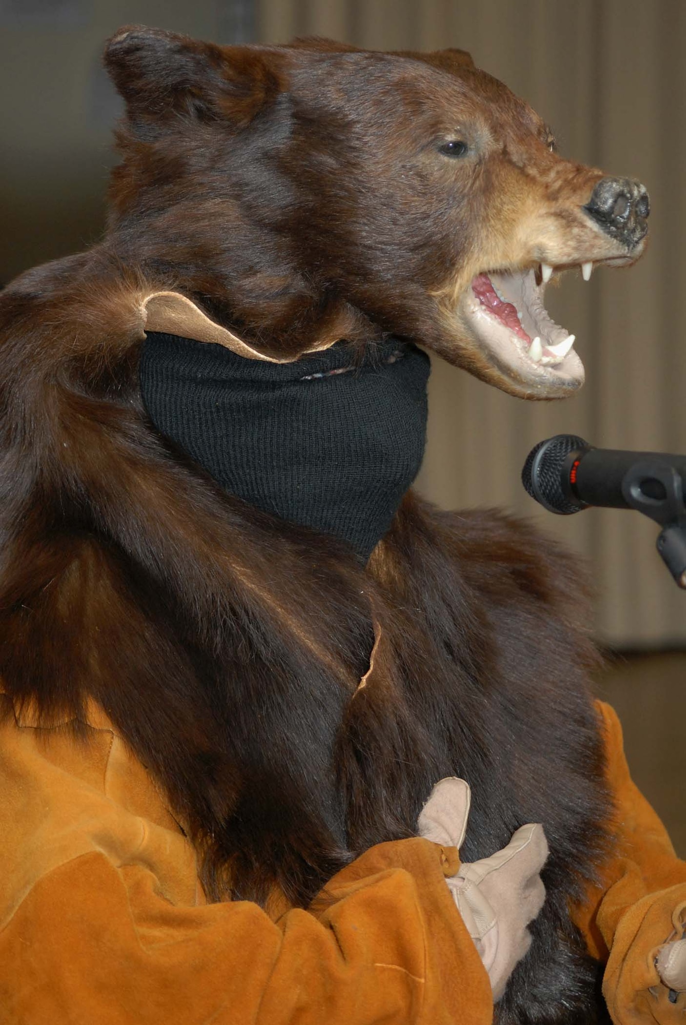 Grizz, the Malmstrom mascot, was on hand at the Grizzly Bend Club March 14 to lead the cheers as the members of the 2008 Guardian Challenge Teams were introduced. (U.S. Air Force photo/John Turner)