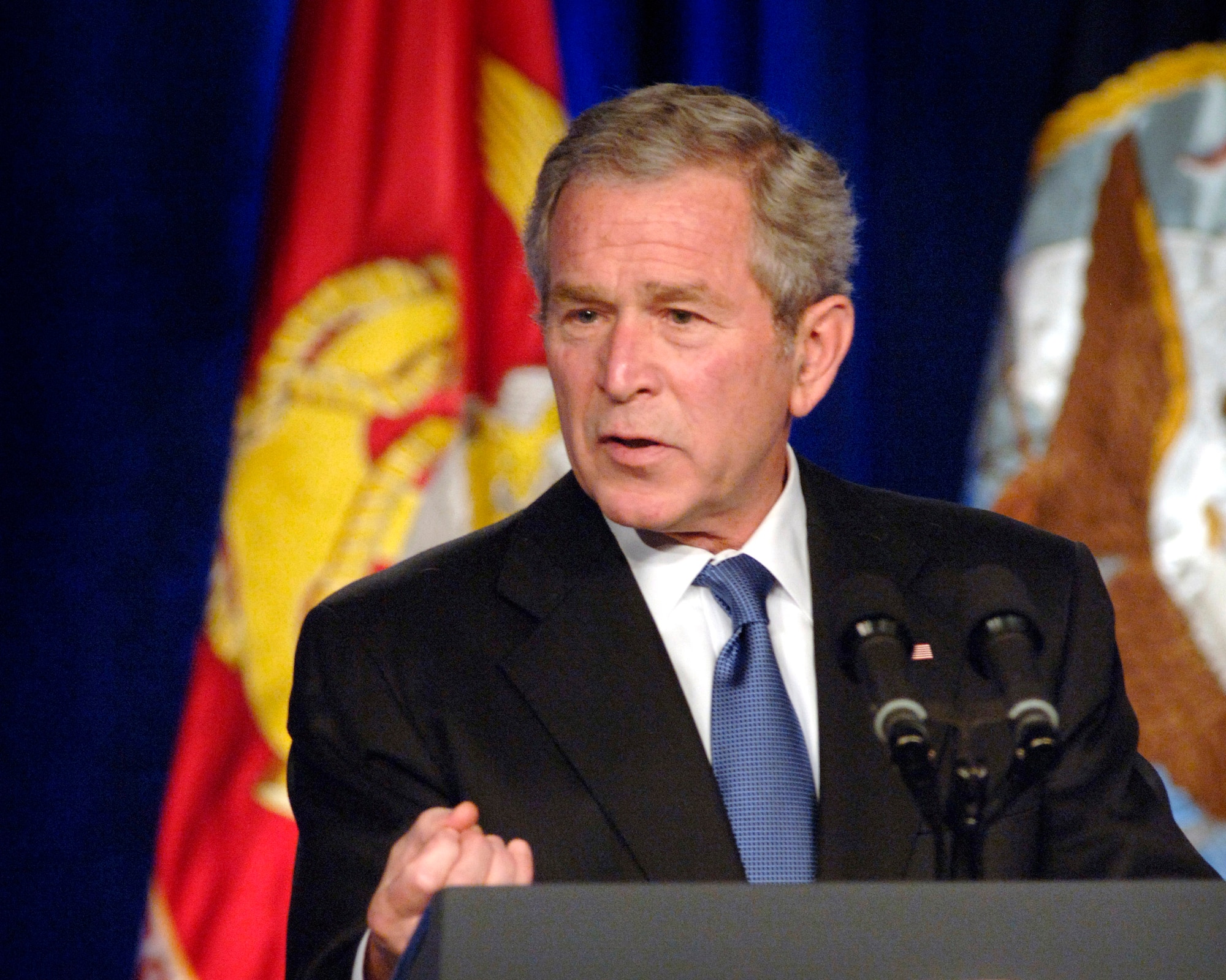 President George W. Bush delivers a speech at the Pentagon March 19 offering his views on the progress being made in the war on terrorism.  The speech was timed to coincide with the 5th anniversary of the U.S.-led invasion of Iraq.  (DOD photo/R. D. Ward)