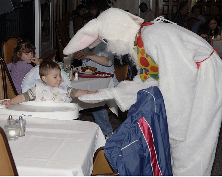 DYESS AIR FORCE BASE, Texas -- James, son of Master Sgt. James W. Elliott, 7th Maintenance Operations Squadron, gives a big five to the Easter Bunny at ?Breakfast with the Bunny & Easter Egg Hunt? in the Heritage Club March 16, 2008. The breakfast and egg hunt was hosted by the 7th Services Squadron for all base personnel kids.  More than 90 children came out to enjoy the hunt for eggs.  (U.S. Air Force photo by Staff Sergeant Connor W. Estes)