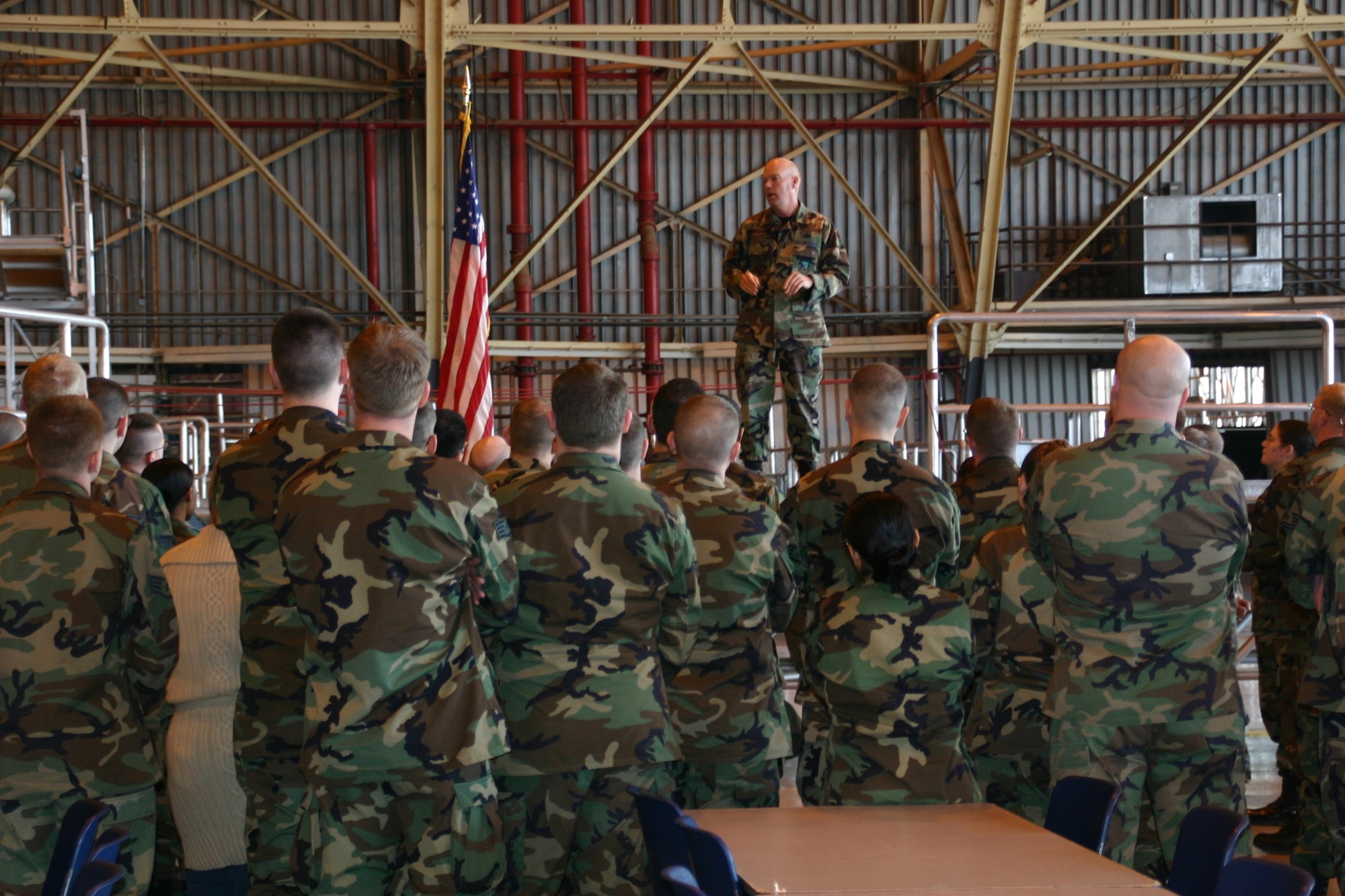 Col. Keith Frede, 552nd Maintenance Group commander, congratulates his Airmen after their successful completion of the ACC LSET inspection. The group received an above-average 89.5 percent rating.
