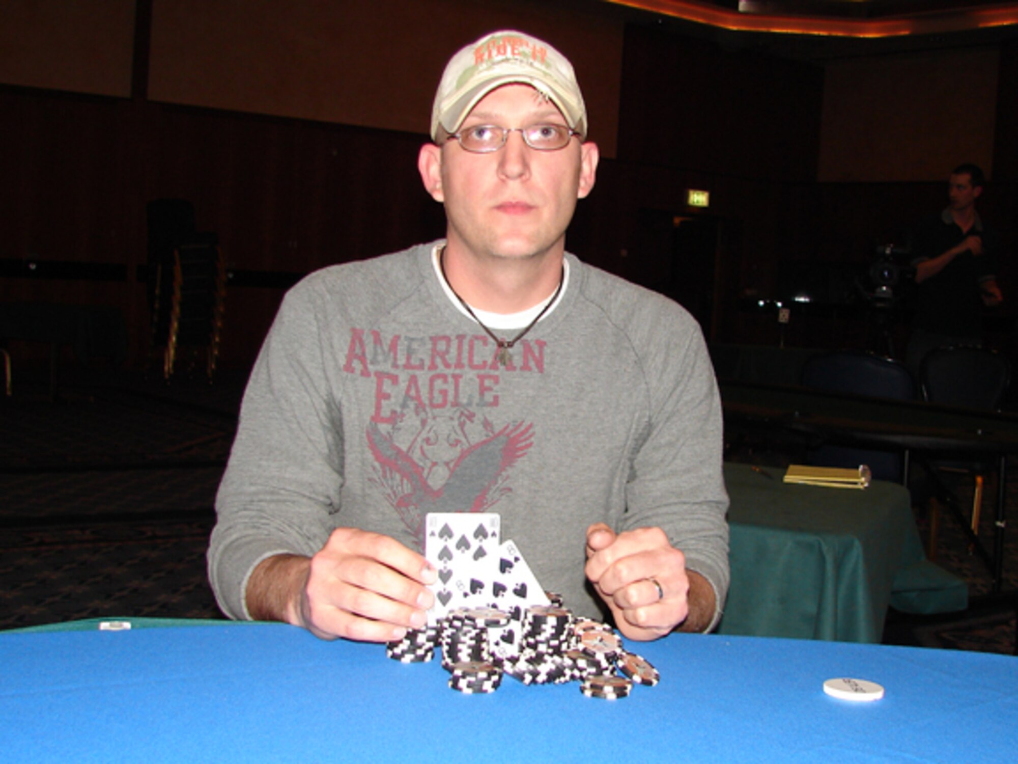 Tech. Sgt. Mark Bowen came out on top from among 32 players from around the command in the USAFE Services’ 2008 Project CHEER Texas Hold 'Em Championship March 15 at Spangdahlem Air Base, Germany.  He received $1,000 in AAFES gift certificates.  For the second consecutive year, the winner was from an Air Force GSU at Buechel, Belgium.  Master Sgt. James Wells, Spangdahlem, received $650 as the second place finisher, and Staff Sgt. William Taylor, Incirlik, received $350 for coming in third.  Spangdahlem served as tournament host, with senior wing leadership serving as the volunteer dealers, to include Col Thomas Feldhausen, 52nd Fighter Wing Commander.