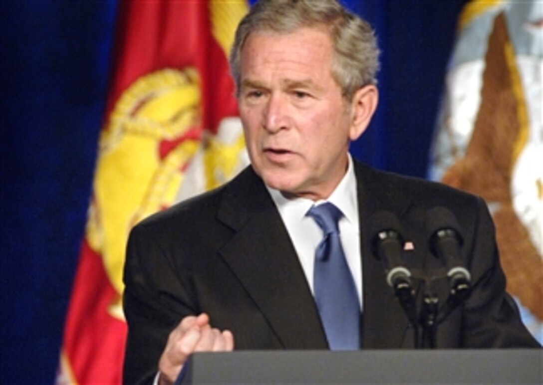 President George W. Bush delivers a speech at the Pentagon, March 19, 2008, concerning his views on the progress of the global war on terrorism on the fifth anniversary of the start of the coalition operation in Iraq.  
