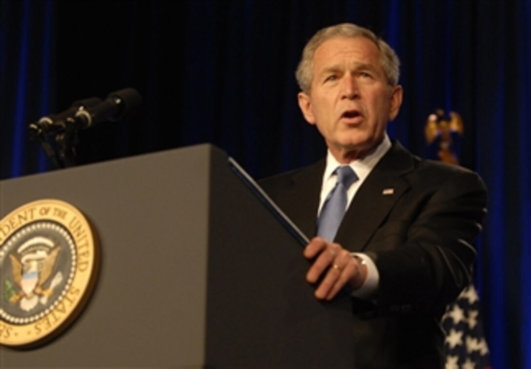 President George W. Bush delivers a speech at the Pentagon, March 19, 2008, on the progress of the global war on terrorism on the fifth anniversary of the start of the coalition operation in Iraq.
