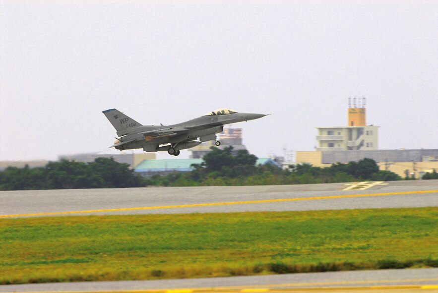 An F-16 Falcon comes in for a landing during the wing’s operational readiness inspection March 13. F-16 pilots from Kunsan Air Base, Korea flew training missions against Kadena’s F-15 Eagles during a two-week training integration. The training allowed pilots from both bases to exercise their capabilities and create a formidable force of air superiority. (U.S. Air Force photo/Staff Sgt. Chrissy FitzGerald)