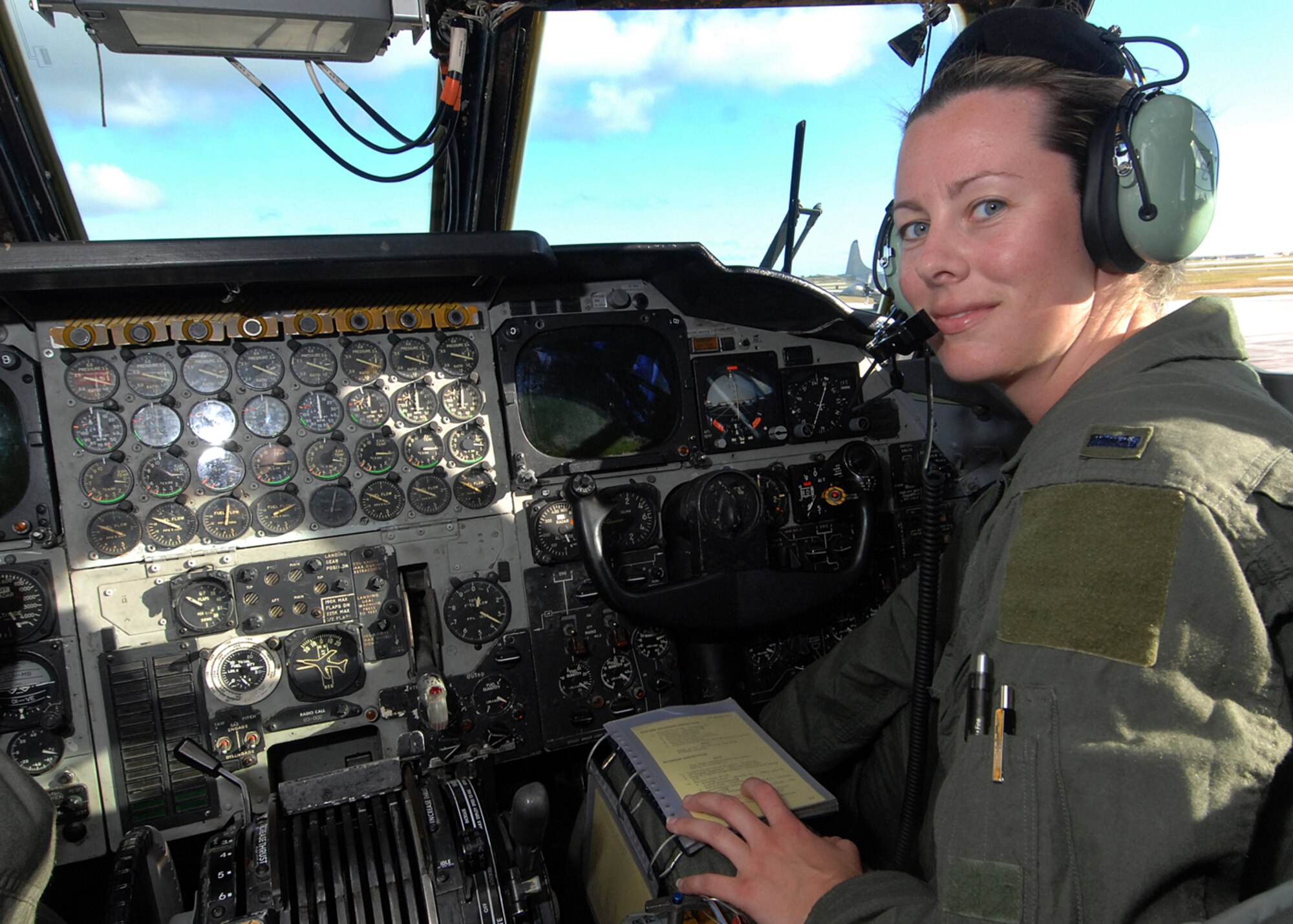 Andersen AFB, Guam --1st Lt. Nicola Hill, A B-52 Stratofortress bomber pilot does her pre-flight inspection before flying a 10 hour long mission across the Pacific. 1st Lt. Hill and her fellow B-52 aircrew members practice techniques they would use in actual combat missions. 1st Lt. Hill is from the 96th Expeditionary Bomb Squadron deployed here from Barksdale AFB, La.
(U.S. Air Force Photo By Staff Sgt. Vanessa Valentine)