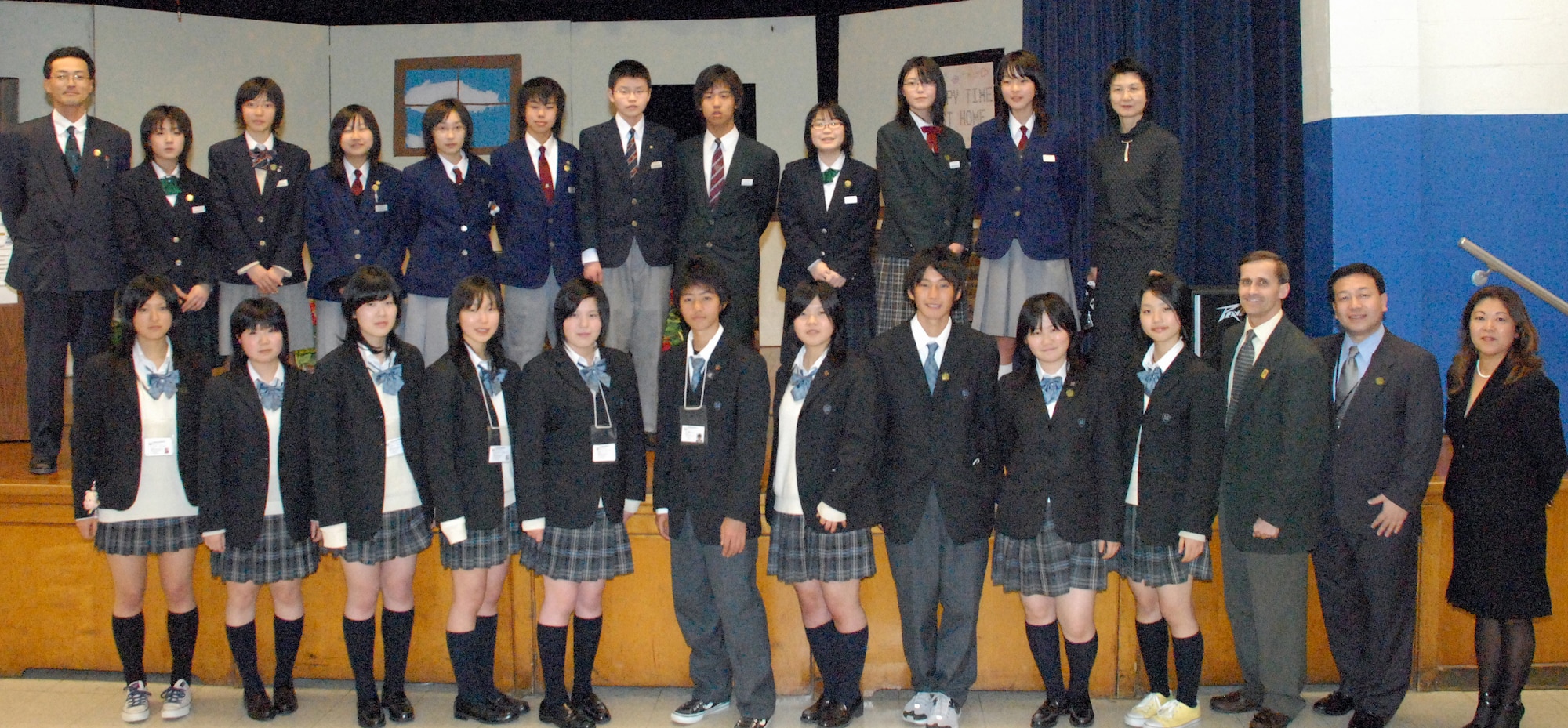 Twenty Japanese high and middle school students from the Miyagi Prefecture, accompanied by faculty members, visited Dover Air Force Base March 19 for a formal presentation, followed by hands-on interactions with Japanese culture, cuisine, art, math and other activities at the Dover Air Base Middle School auditorium. The Japanese students are here to celebrate the ninth-annual Iwanuma City and City of Dover Exchange Program. (U.S. Air Force photo/Tech. Sgt. Kevin Wallace)