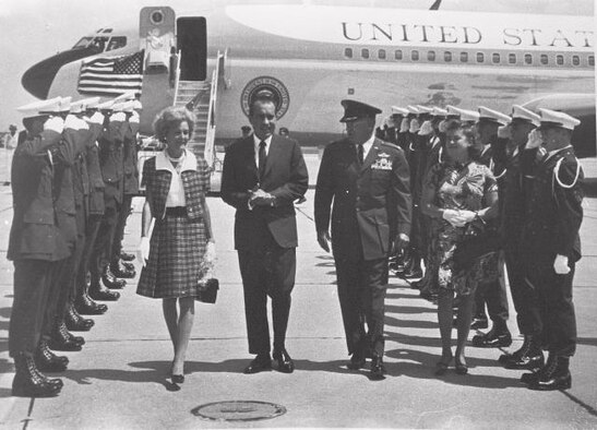LAUGHLIN AIR FORCE BASE, Texas –Former President Richard M. Nixon lands at Laughlin with his wife Pat and Col. Donald D. Ferris, former Laughlin commander, to attend a dedication ceremony Sep. 8, 1969.  (Contributed photo)