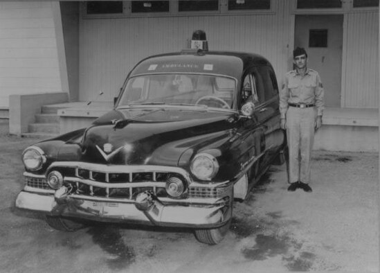 LAUGHLIN AIR FORCE BASE, Texas – An Airman prepares to drive an old Cadillac that was used for an ambulance in the 1950s at Laughlin’s medical center. (Contributed photo)