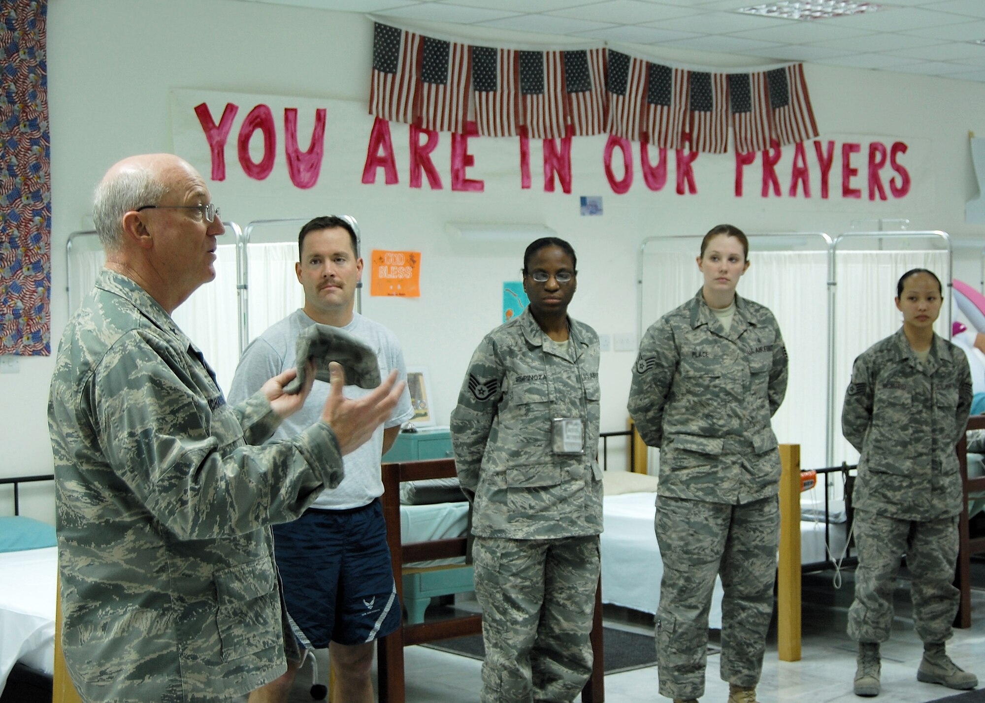 Chaplain (Brig. Gen.) Cecil R. Richardson speaks to Airmen deployed to the 386th Medical Group's Contingency Aeromedical Staging Facility during his visit to the 386th Air Expeditionary Wing March 18 at a Southwest Asia air base. The Air Force deputy chief of chaplains traveled to the wing to visit deployed Airmen and participate as the guest speaker at the wing's National Prayer Breakfast. (U.S. Air Force illustration/Capt. Jason McCree) 
