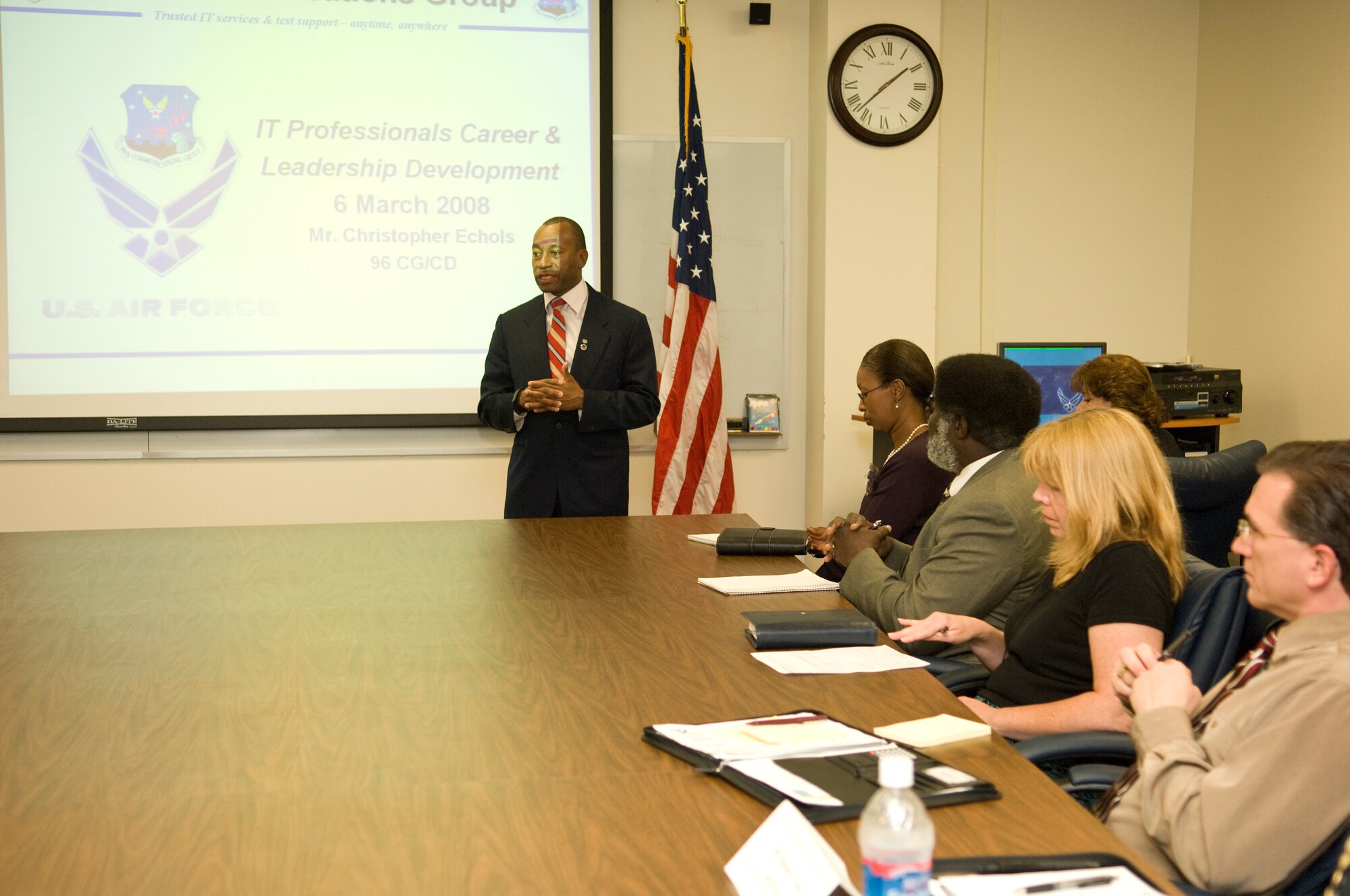 Christopher Nichols, 96th Communication Group director of staff and Communications and Information Career Functional, discusses getting ahead in the information technology profession during a recent Air Armament Academy course.