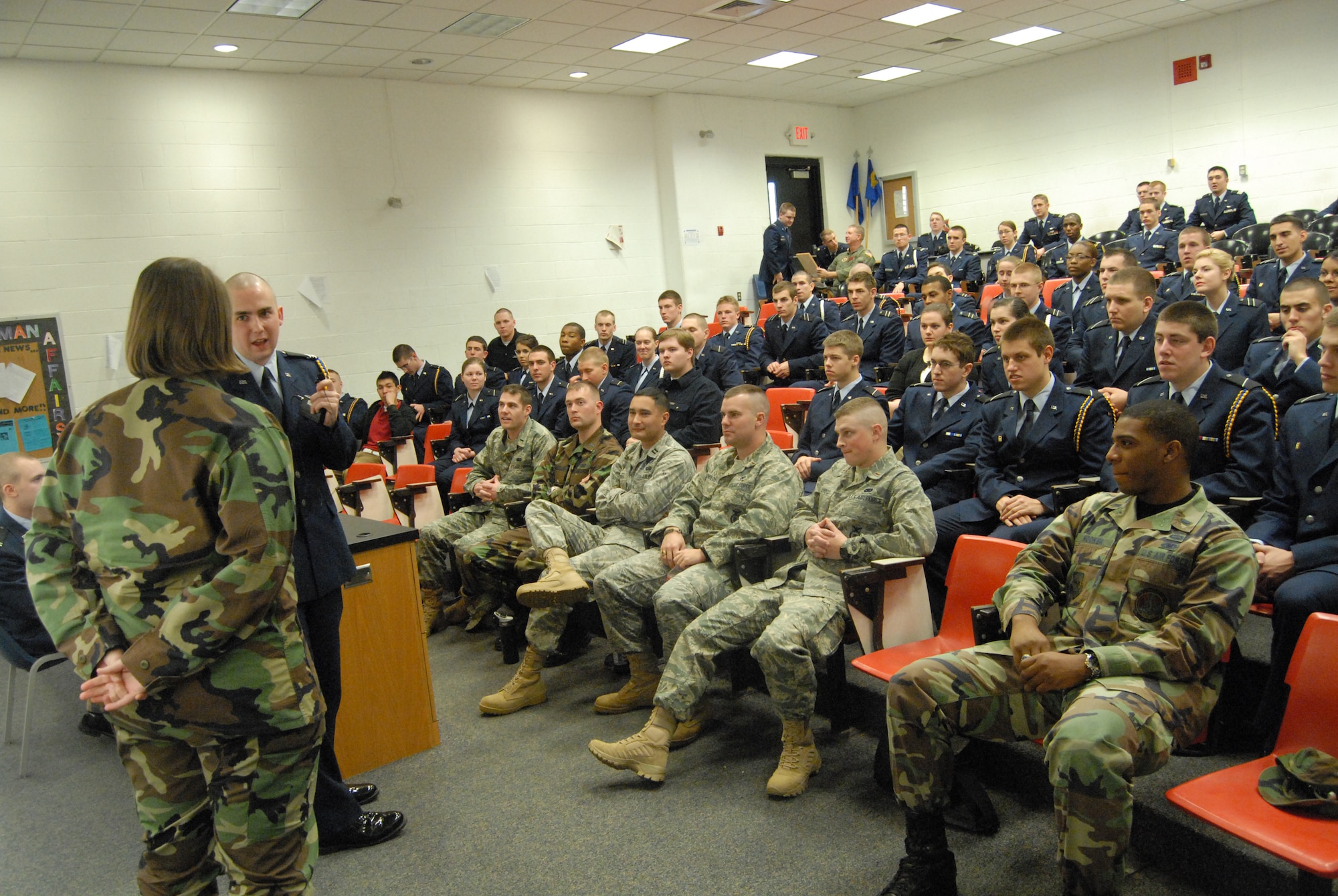 2nd Lt. Lexie Greene, 43rd Maintenance Squadron, talks to an Air Force ROTC cadet from North Carolina State University while (left to right) 1st Lt. Jon Felmet, 43rd Services Squadron, 1st Lt. Tim Scheffler, 43rd Civil Engineer Squadron, Capt. Michael Campos, 43rd MXS, 2nd Lts. Taylor Reynolds and Michael Alvord, 43rd Security Forces Squadron and 1st Lt. Navondi Hooker, 43rd Logistics Readiness Squadron, look on. NSCU's AFROTC program hosted these company grade officers, along with Capt. Nicholas Torres, 2nd Airlift Squadron and 2nd Lt. Chris Hoyler, 43rd Airlift Wing, as part of their career day March 12. (U.S. Air Force Photo by 2nd Lt. Chris Hoyler)