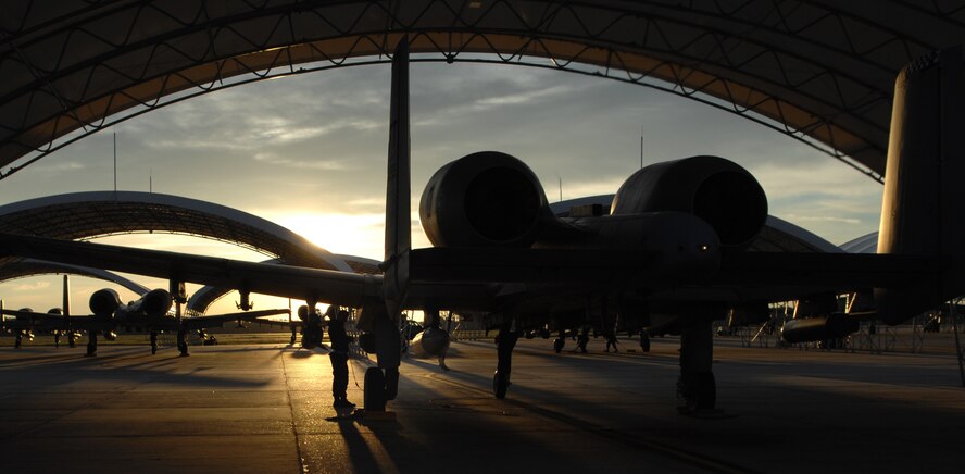 MOODY AIR FORCE BASE, Ga. – Airman 1st Class Kenny Marthey, 74th Fighter Squadron A-10C Thunderbolt II crew chief, inspects the aircraft before departure here March 20.  Moody A10s left for Nellis Air Force Base, Nev. to participate in exercise Green Flag. (U.S. Air Force photo by Senior Airman Angelita Lawrence)