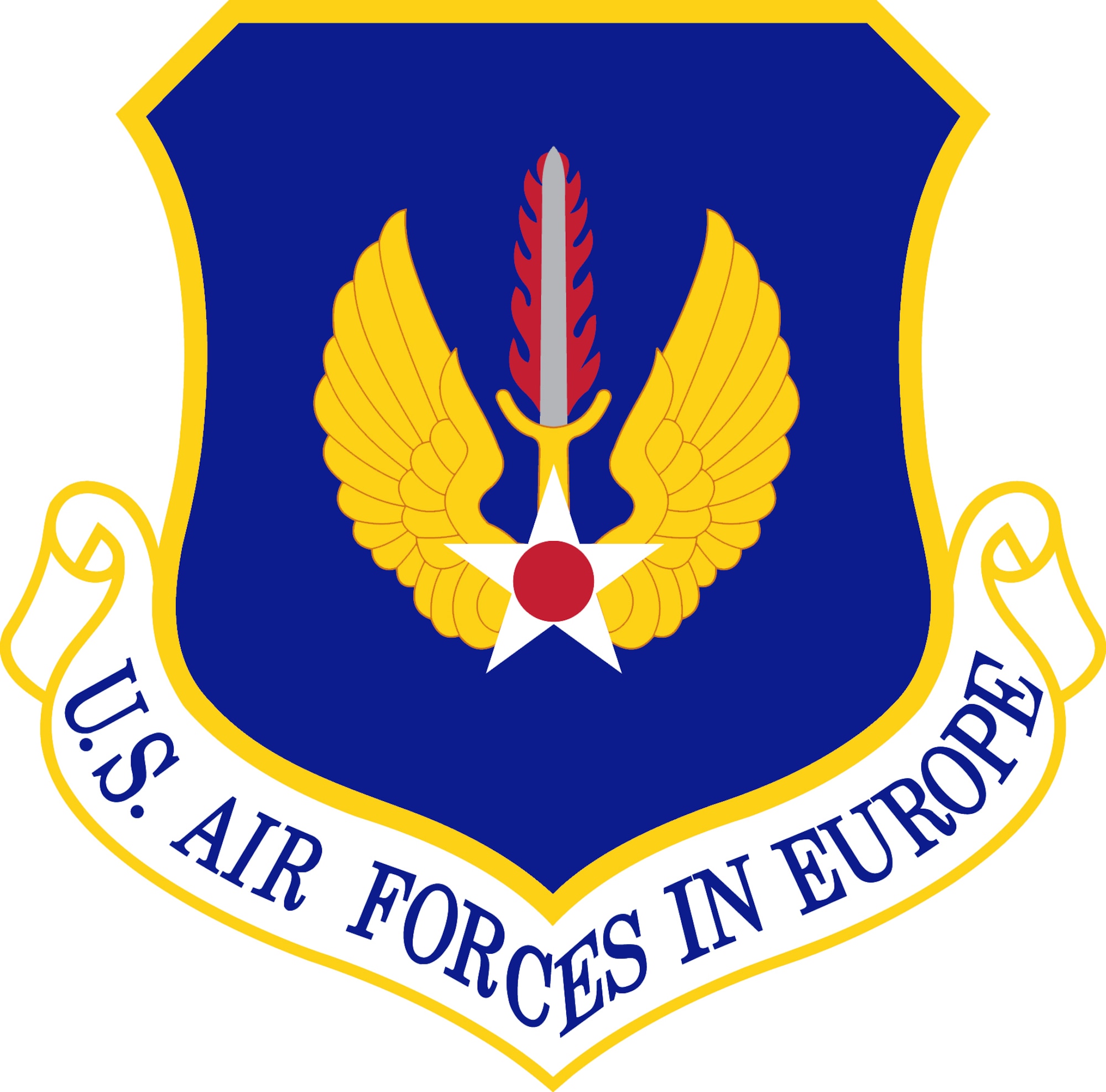 U.S. Air Forces in Europe Shield (Color). Image provided by the Air Force Historical Research Agency. In accordance with Chapter 3 of AFI 84-105, commercial reproduction of this emblem is NOT permitted without the permission of the proponent organizational/unit commander. The image is 6x6 inches @ 300 ppi