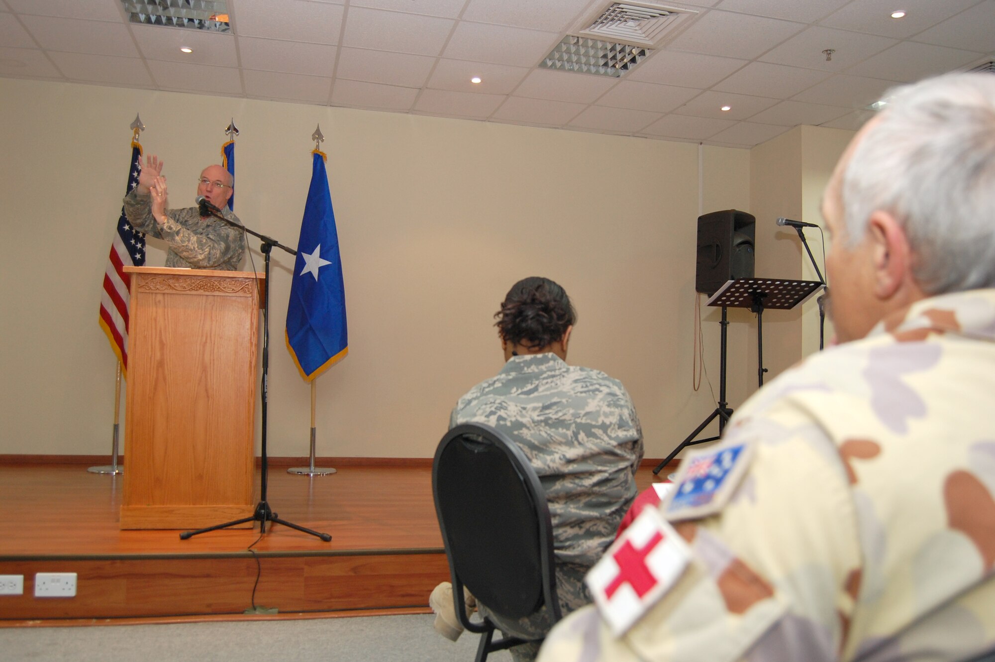 SOUTHWEST ASIA -- Chaplain (Brig. Gen.) Cecil Richardson, Air Force Deputy Chief of Chaplains, speaks to more than 150 U.S. and coalition forces at the 386th Air Expeditionary Wing chapel during the National Prayer Breakfast March 18, 2008. The chaplain was the guest speaker for the breakfast and took time to visit with Airmen at their work centers during a tour of the base located in the Persian Gulf Region supporting the Global War on Terror. (U.S. Air Force Photo/Tech. Sgt. Michael O'Connor)
