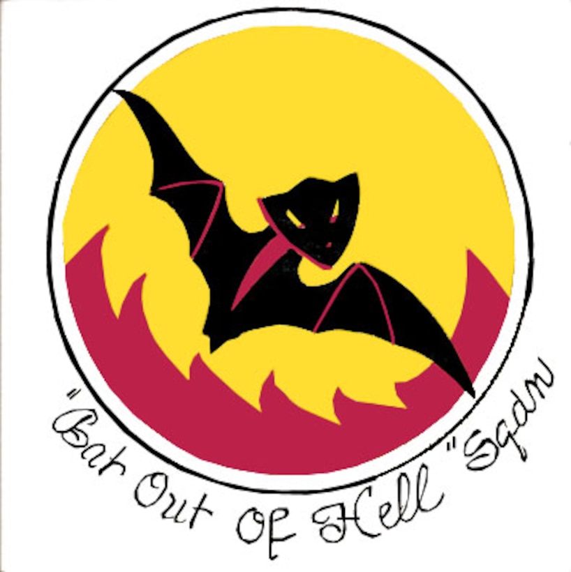 On and over a yellow disc with a black border a black bat, outlined in red, wings displayed, flying over a mass of red flames issuing from the lower border of the disc. (Approved 17 Feb 1942.) 