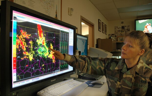 Staff Sgt. Jane Connors, 341st Operations Support Squadron weather flight meteorological technician checks weather patterns on the radar screen. The weather flight is responsible for making sure helicopters are safe to fly, providing the base weather information and putting out products to satisfy Malmstrom's weather needs. (U.S. Air Force photo/ Airman 1st Class Emerald Ralston)