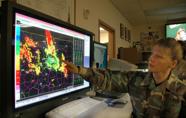 Staff Sgt. Jane Connors, 341st Operations Support Squadron weather flight meteorological technician checks weather patterns on the radar screen. The weather flight is responsible for making sure helicopters are safe to fly, providing the base weather information and putting out products to satisfy Malmstrom's weather needs. (U.S. Air Force photo/ Airman 1st Class Emerald Ralston)