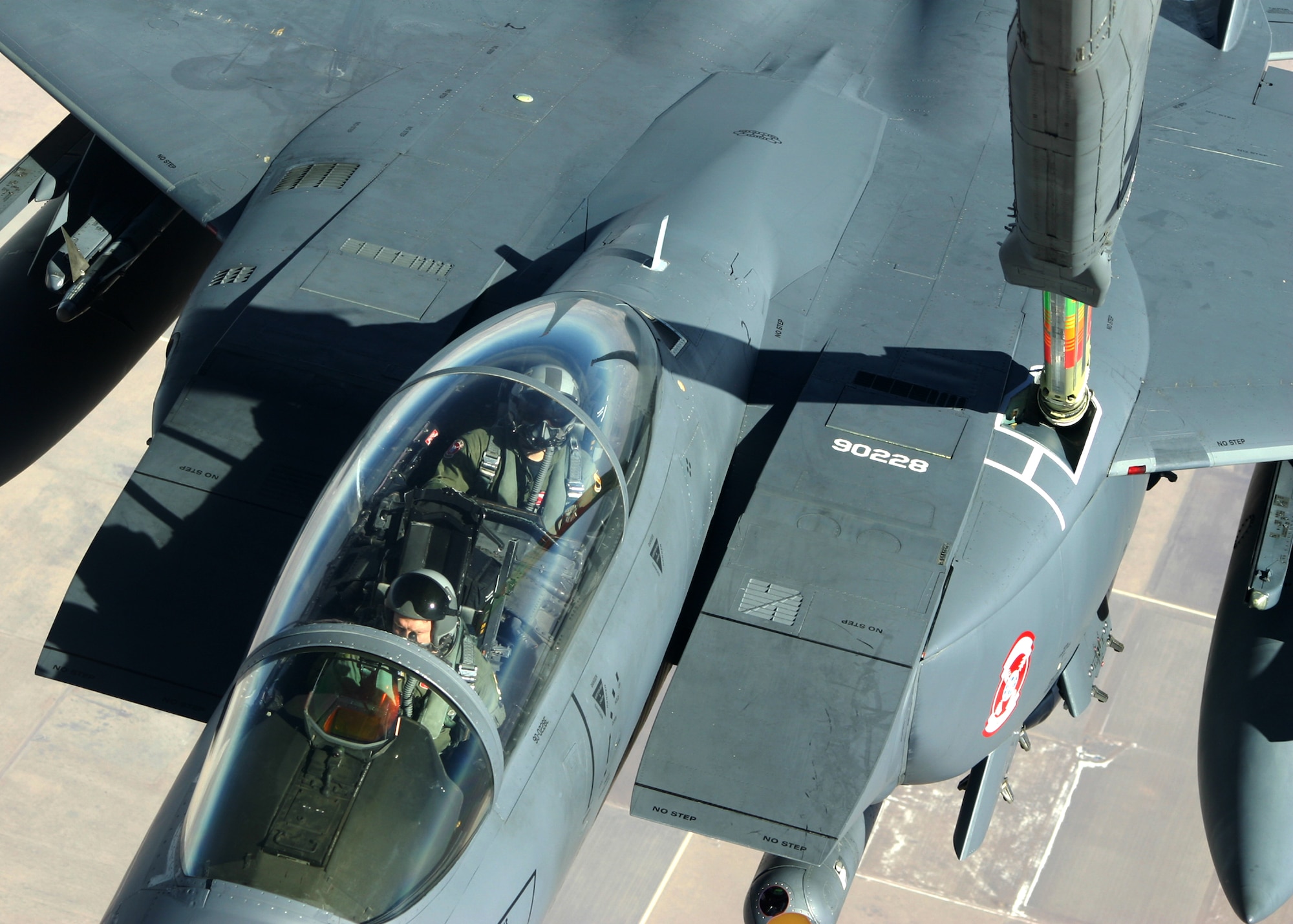 EN ROUTE TO NELLIS AIR FORCE BASE, NEV. - Lieutenant Colonel Jeannie Leavitt, 333rd Fighter Squadron commander, refuels her F-15E Strike Eagle, February 7, 2008. (U.S. Air Force photo by Staff Sgt. Darin Moulton)