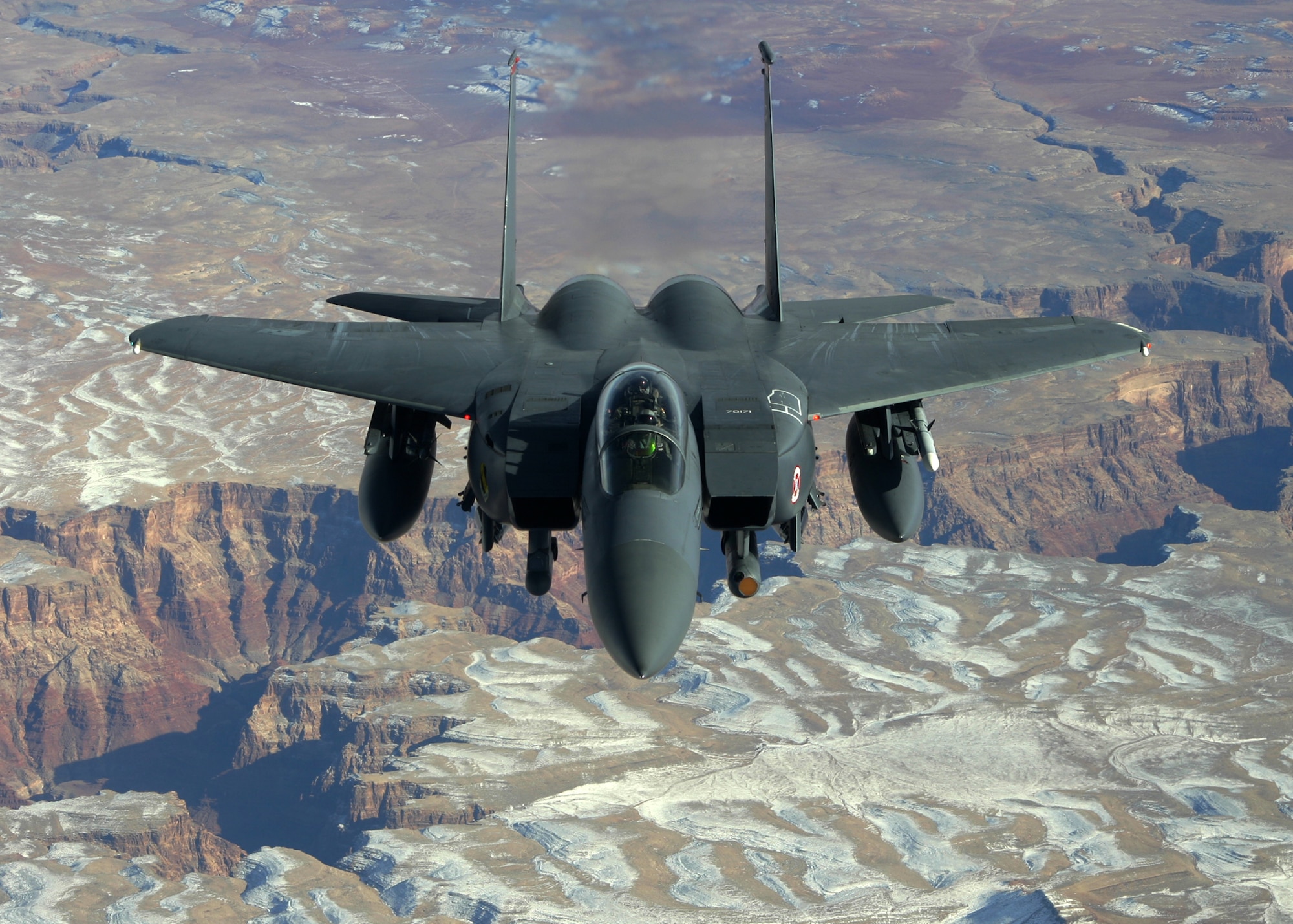 EN ROUTE TO NELLIS AIR FORCE BASE, NEV. - Lieutenant Colonel Jeannie Leavitt, 333rd Fighter Squadron commander, soars over the Grand Canyon, February 7, 2008. (U.S. Air Force photo by Staff Sgt. Darin Moulton)