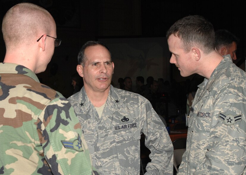 SEYMOUR JOHNSON AIR FORCE BASE, N.C. - Brigadier Gen. Frank Bruno, director of logistics for Headquarters Air Force Materiel Command, speaks to Airmen at the Maintenance Professional of the Year banquet March 14. General Bruno was the guest speaker for the banquet. (U.S. Air Force Photo by Airman 1st Class Salma Din)