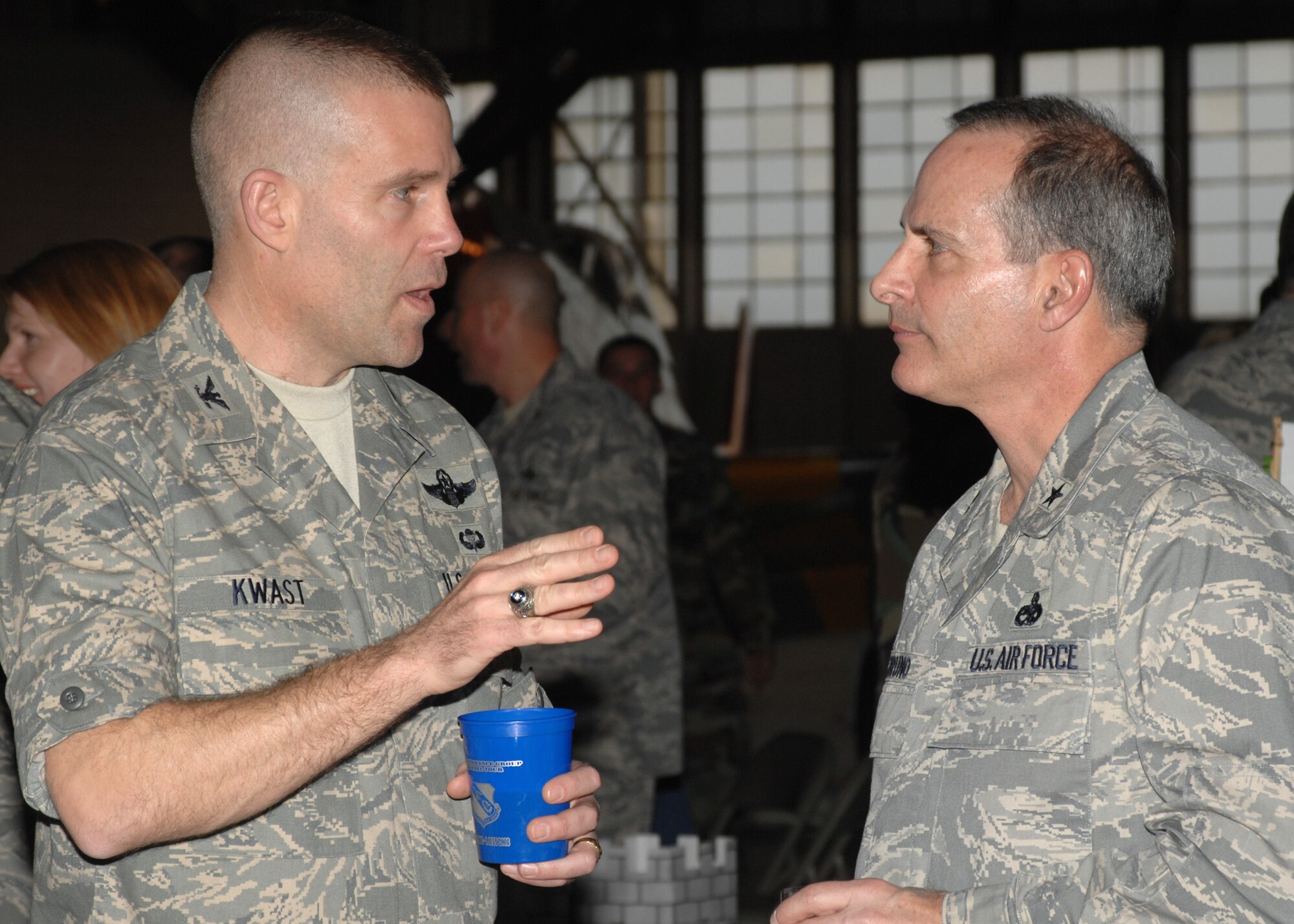 Colonel Steven Kwast, Commander of 4th Fighter Wing talks to Brigadier General Frank Bruno, Director of Logistics; Headquarters Air Force Materiel Command at Seymour Johnson AFB, North Carolina on March 14, 2008.  Brigadier General Bruno was the guest speaker for the Maintenance Professional of the Year banquet.  

(US Air Force Photo by Airman First Class Salma Din)(released)
